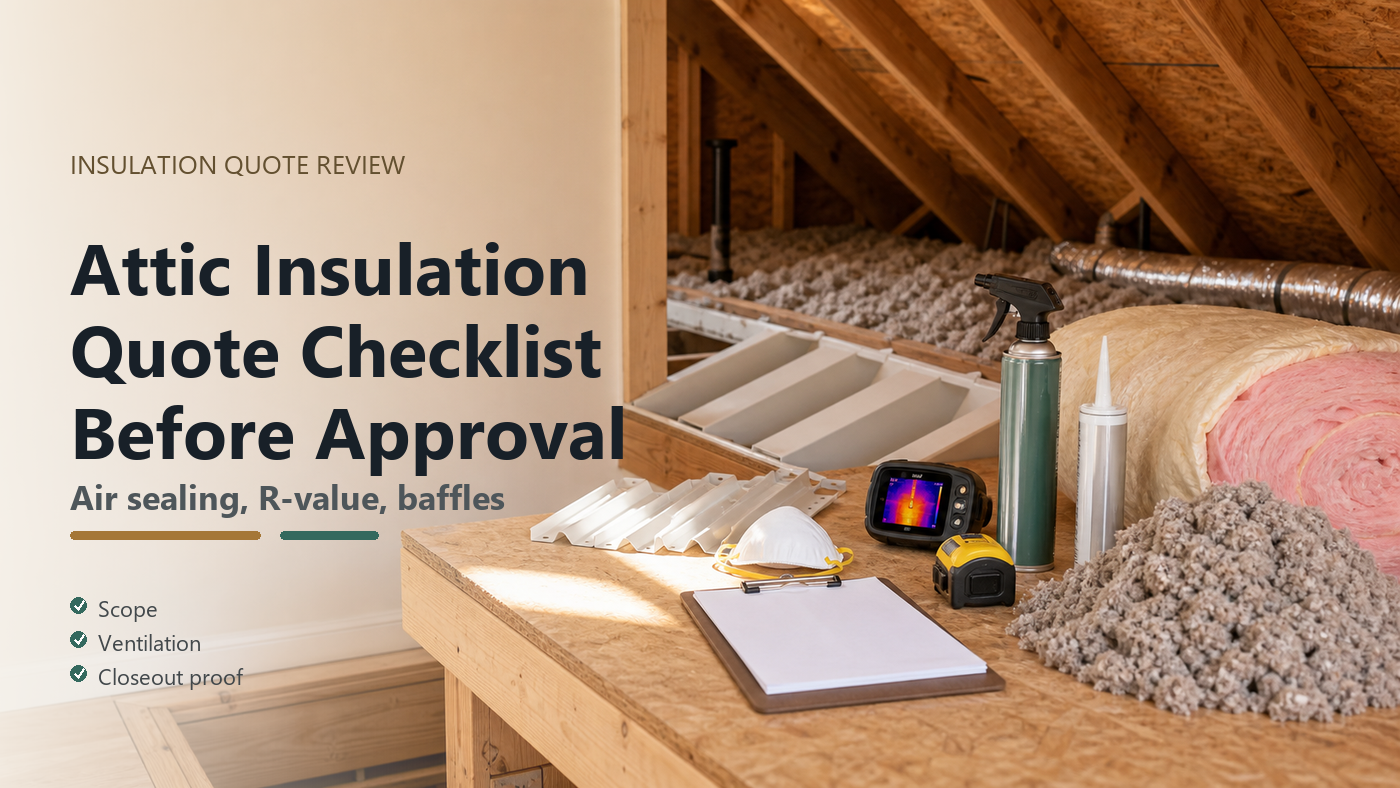 Attic insulation quote checklist with loose fill insulation, fiberglass batt, rafter vent baffles, air sealing foam, caulk, thermal camera, tape measure, dust mask, and contractor paperwork