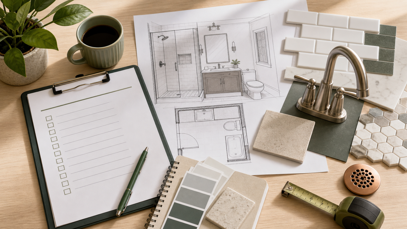 Bathroom remodel planning checklist with tile samples, faucet, layout sketch, and fixture notes