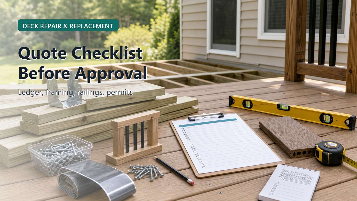 Deck repair and replacement quote checklist with deck boards, joist hanger, flashing sample, fasteners, railing detail, tape measure, level, and contractor worksheet