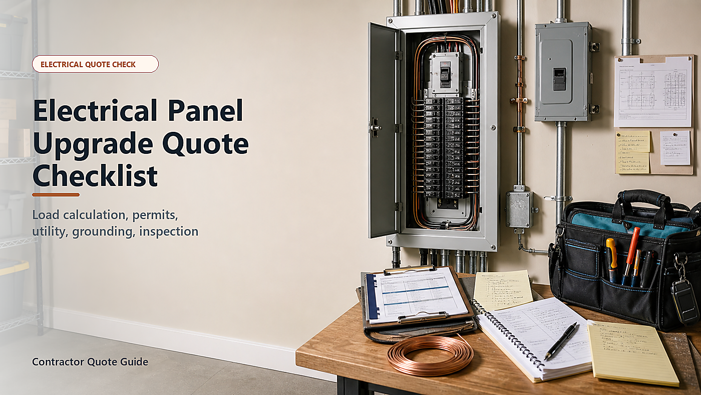 Electrical panel upgrade quote checklist with open breaker panel, load calculation worksheet, permit notes, service size labels, grounding notes, and inspection checklist