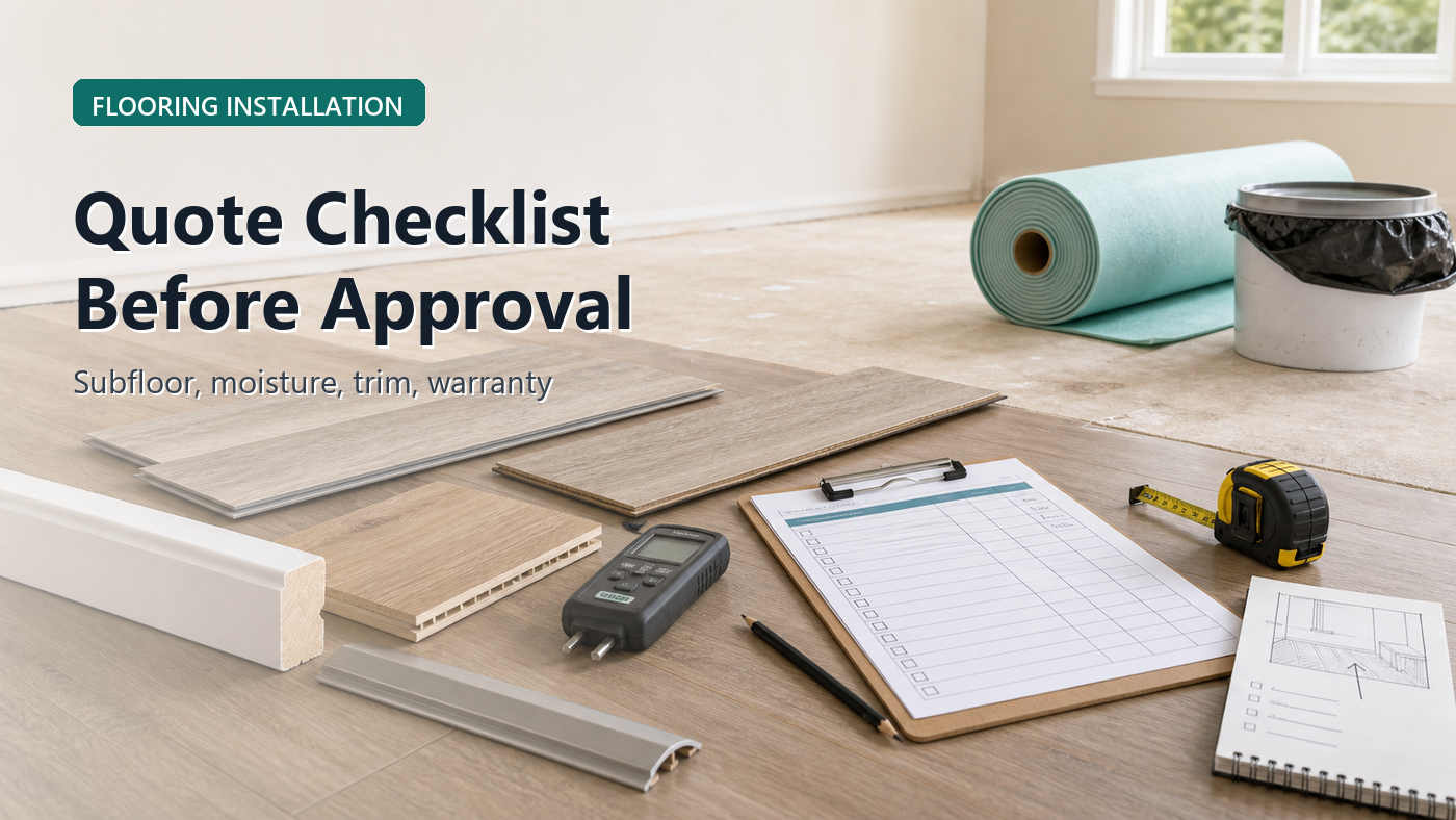 Flooring installation quote checklist with flooring samples, tape measure, moisture meter, underlayment, transition strips, baseboard trim, disposal note, and contractor worksheet