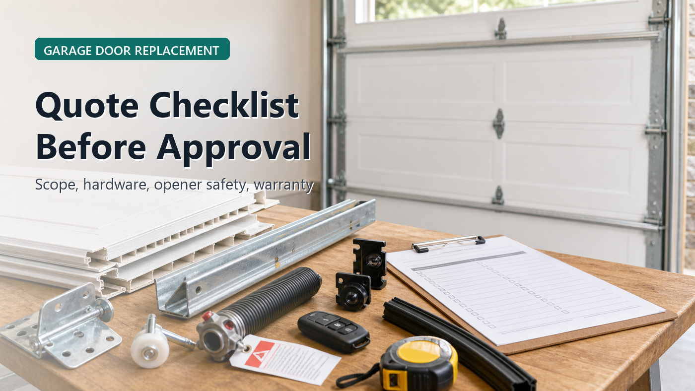 Garage door replacement quote checklist with sectional door panels, track hardware, torsion spring safety note, opener remote, photo eye sensors, weather seal, and contractor worksheet