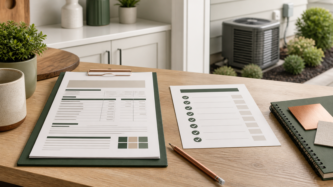 HVAC replacement quote review checklist on a desk with project scope notes