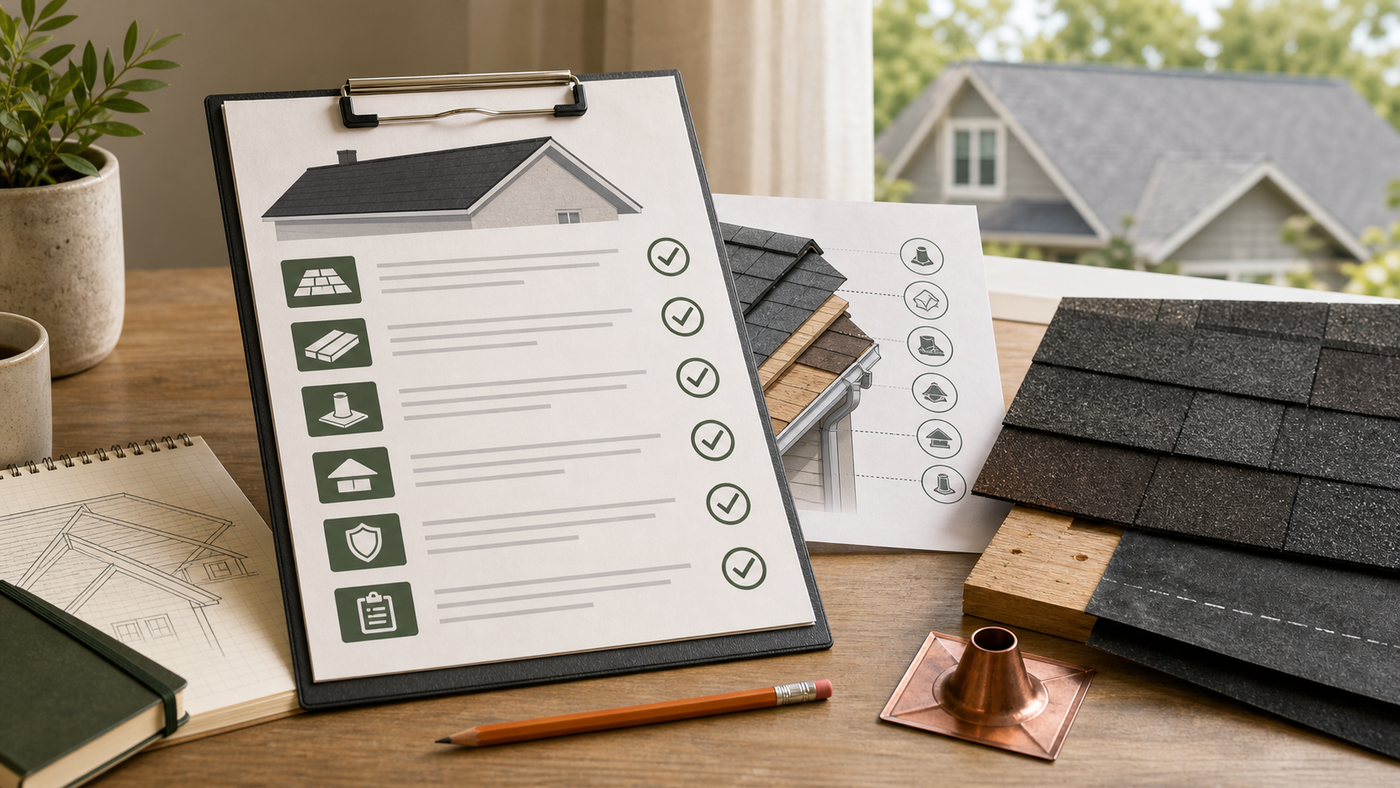 Roof replacement quote checklist with shingle samples, roof details, and homeowner estimate notes