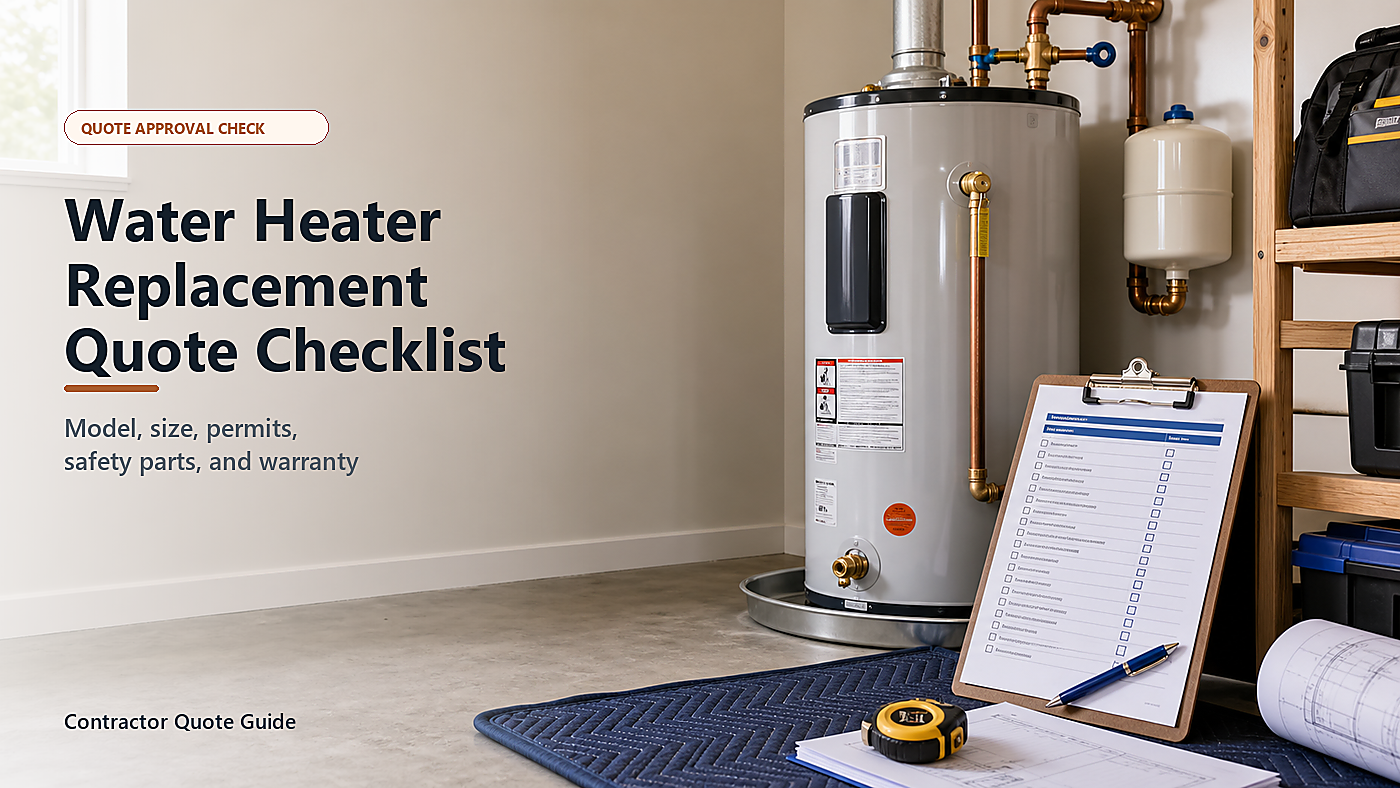 Water heater replacement quote checklist with plumber worksheet, tank water heater, pipe connections, permit notes, energy label, safety valve, and installation scope