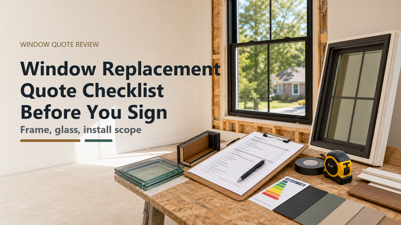 Window replacement quote checklist with replacement window sample, frame material, glass pane, flashing tape, trim pieces, tape measure, and contractor paperwork