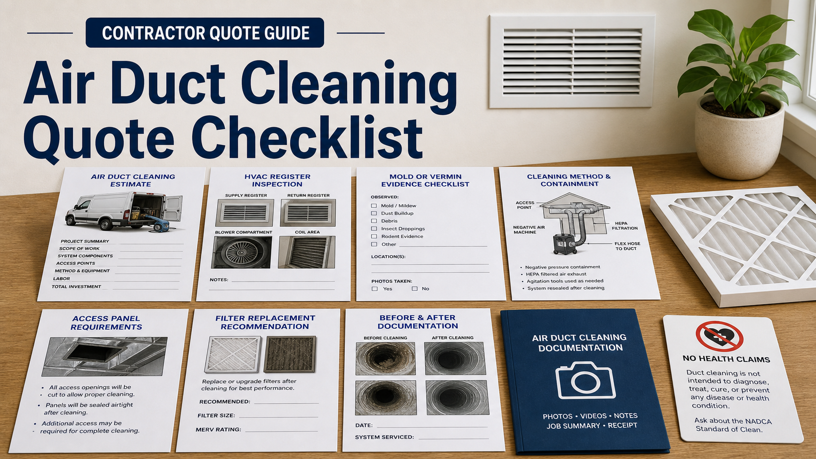 Air duct cleaning quote checklist with HVAC register inspection sheet, mold or pest evidence checklist, vacuum containment diagram, access panel note, filter card, documentation folder, and health claim warning