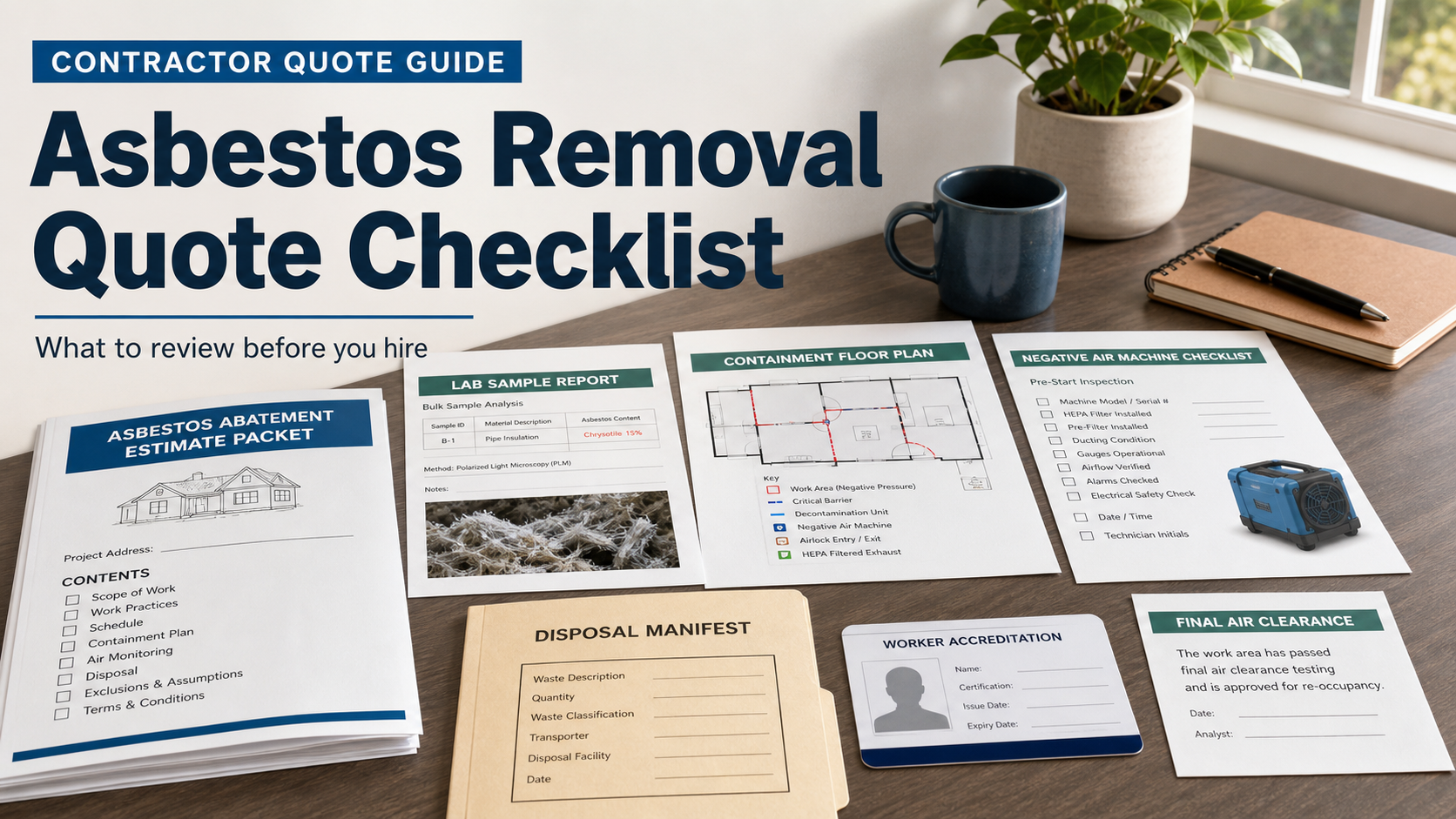 Asbestos removal quote checklist with abatement estimate packet, lab sample report, containment floor plan, negative air checklist, disposal manifest folder, accreditation card, and clearance note