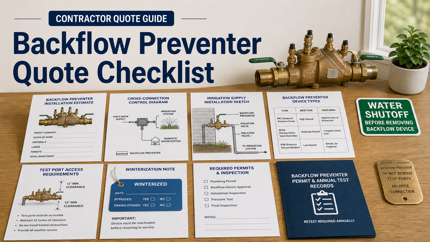 Backflow preventer quote checklist with cross-connection diagram, irrigation sketch, device comparison card, test port access note, winterization tag, permit folder, and water shutoff label