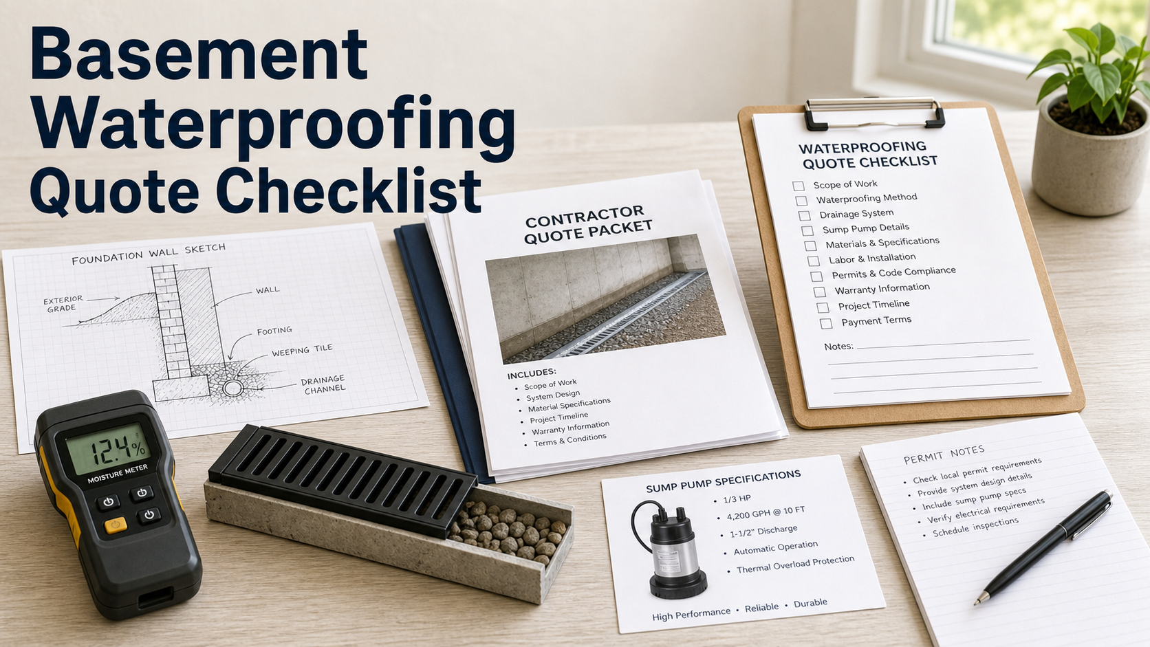 Basement waterproofing quote checklist with drainage notes and moisture tools