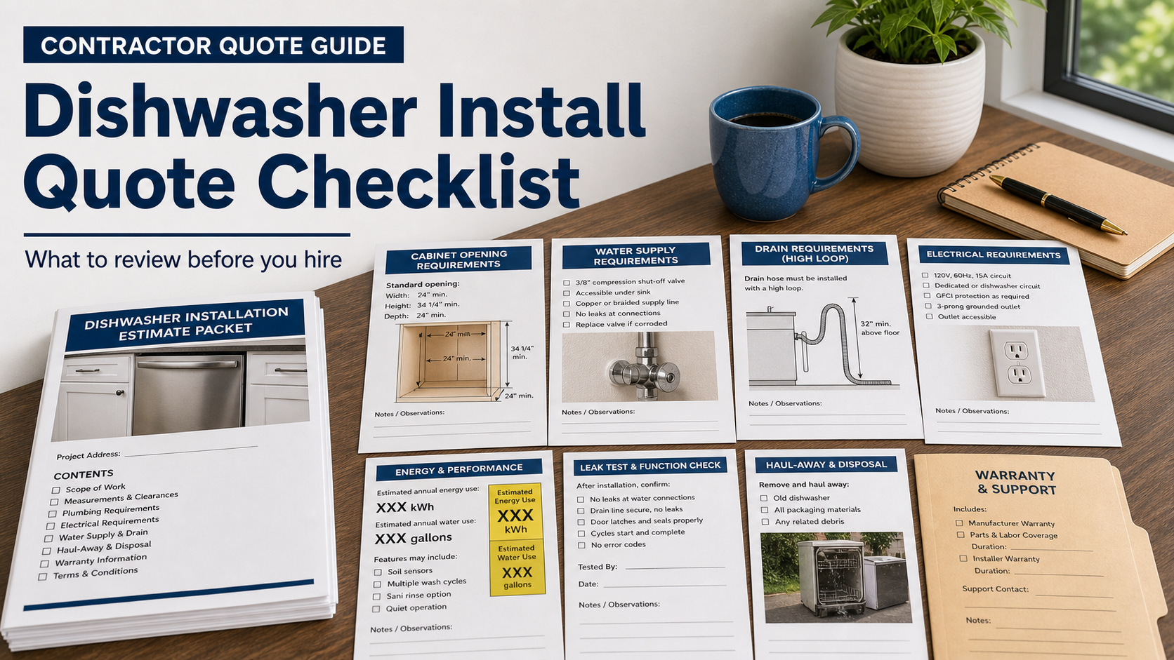 Dishwasher installation quote checklist with cabinet opening measurement card, water supply valve note, drain high-loop sketch, electrical outlet checklist, EnergyGuide label sheet, leak test report, and haul-away folder