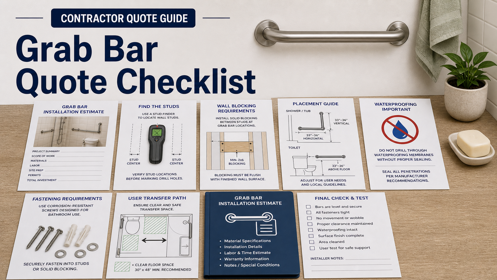 Grab bar installation quote checklist with stud finder sketch, wall blocking diagram, shower and toilet placement map, waterproofing warning, fastener sample, transfer path worksheet, and final test checklist