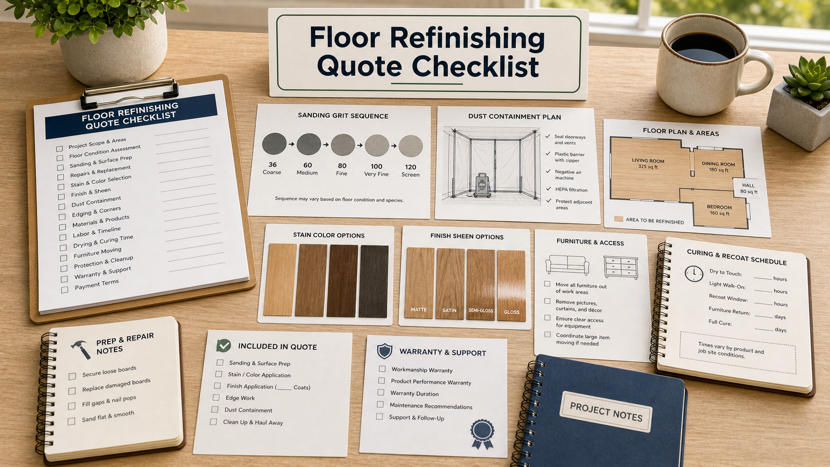 Hardwood floor refinishing quote checklist with sanding grit card, dust containment plan, stain samples, finish sheen options, room map, furniture moving note, curing schedule, and warranty checklist