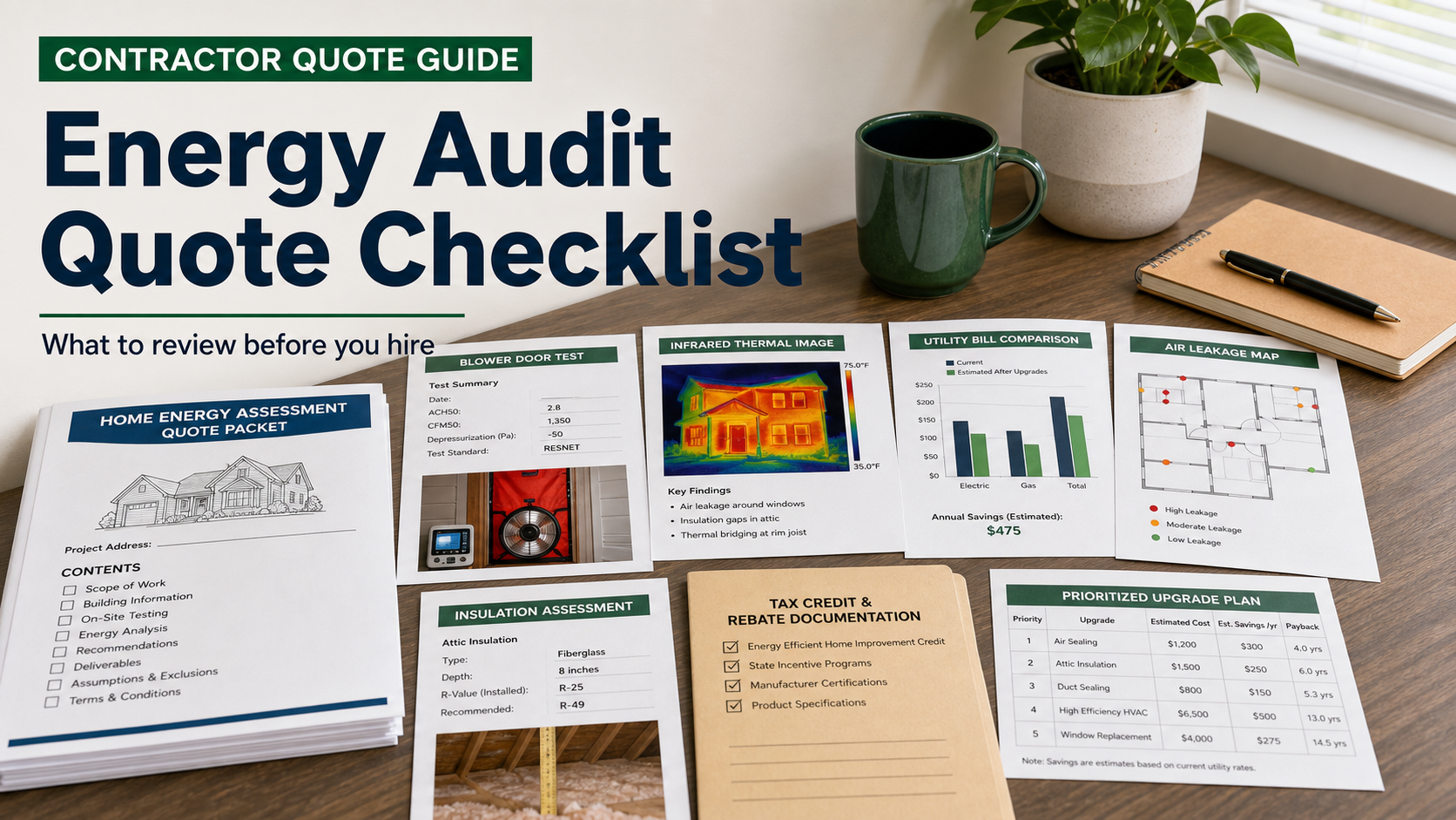 Home energy audit quote checklist with blower door test card, infrared report, utility bill comparison, air leakage map, insulation note, tax credit folder, and prioritized upgrade report