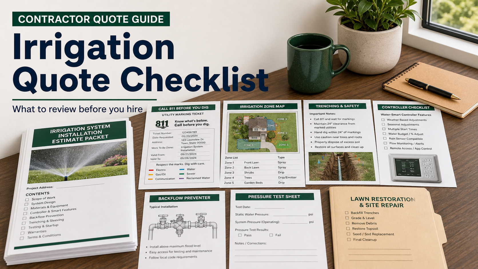 Irrigation system installation quote checklist with 811 utility marking ticket, zone map, trenching safety note, controller checklist, backflow preventer sketch, pressure test sheet, and lawn restoration folder