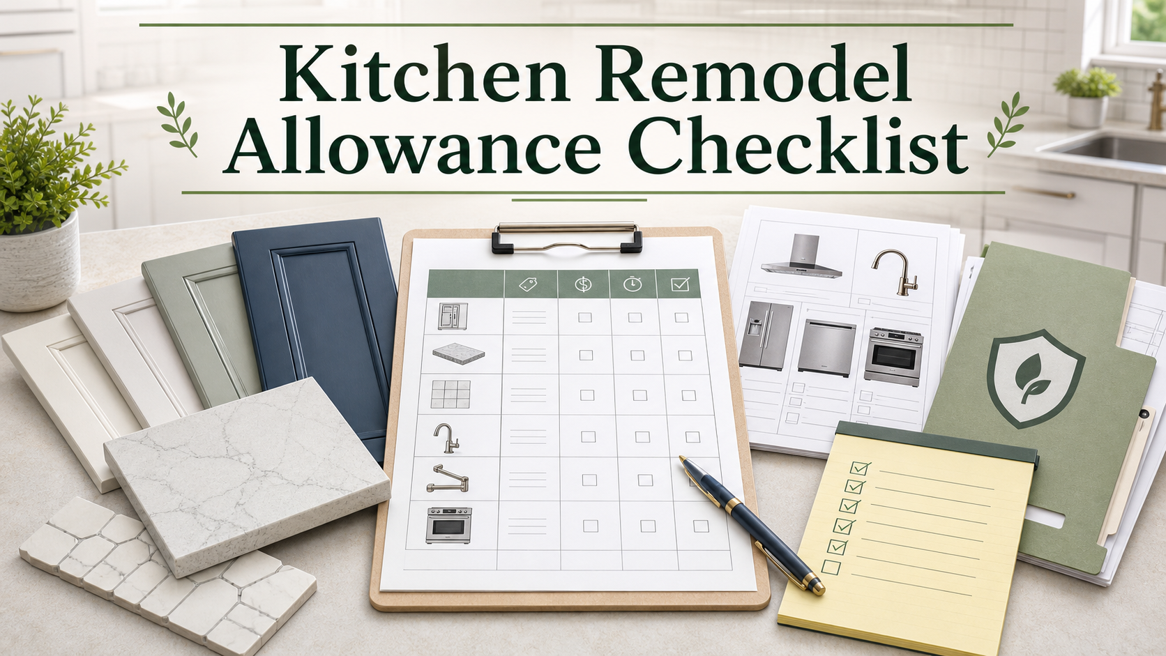 Kitchen remodel allowance checklist with contract columns, cabinet swatches, countertop sample, tile sample, appliance sheet, permit folder, and change-order notes