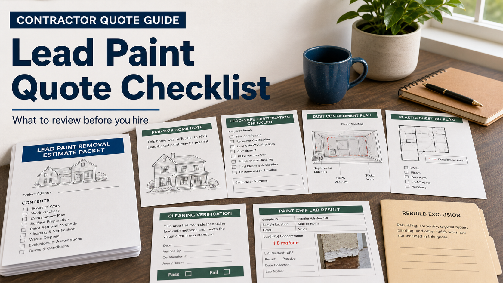 Lead paint removal quote checklist with pre-1978 home note, certification checklist, dust containment sketch, plastic sheeting plan, cleaning verification card, paint chip lab result, and rebuild folder
