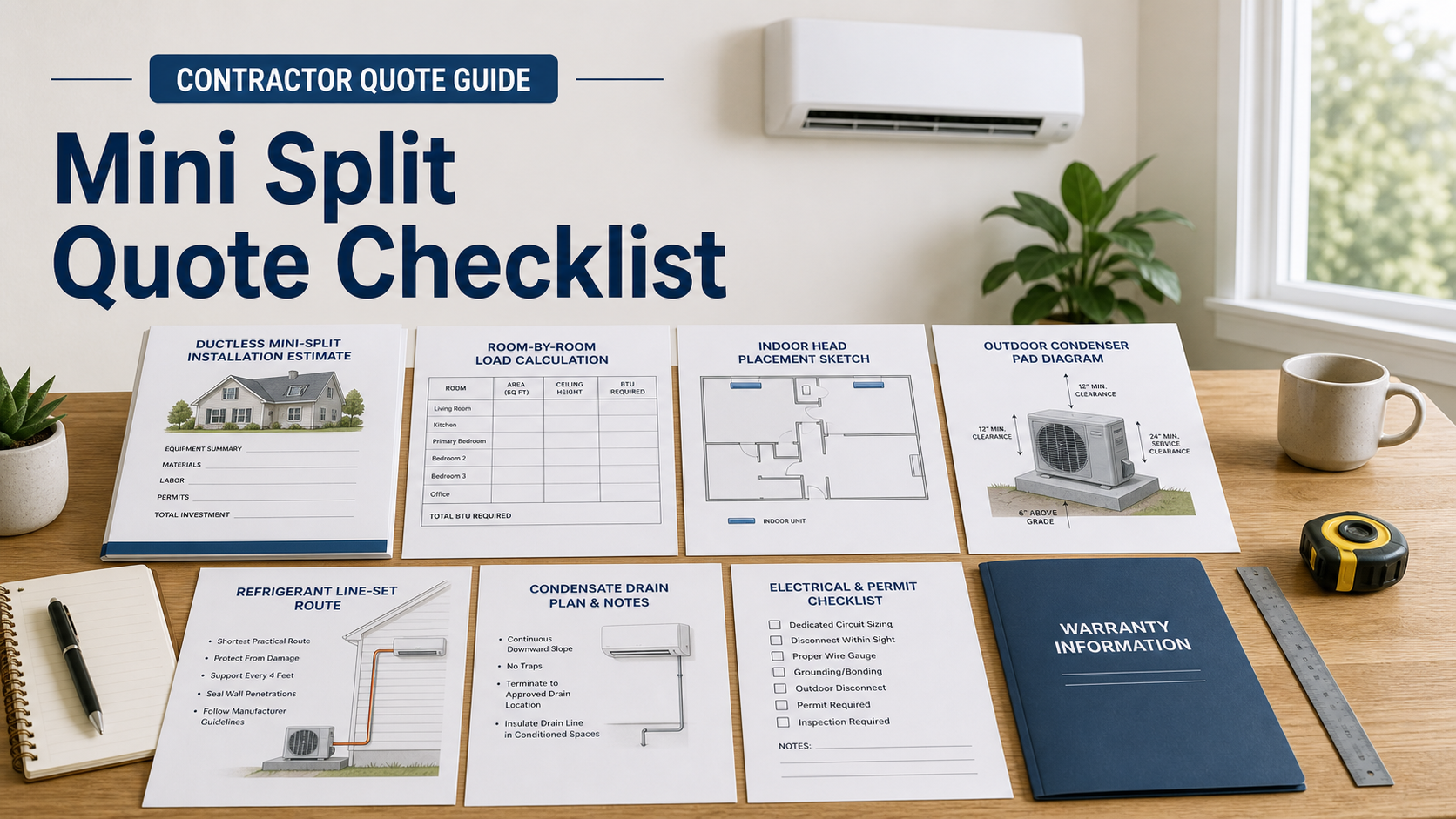 Mini split installation quote checklist with load calculation sheet, indoor head sketch, condenser pad diagram, line set route card, condensate drain note, electrical permit checklist, and warranty folder