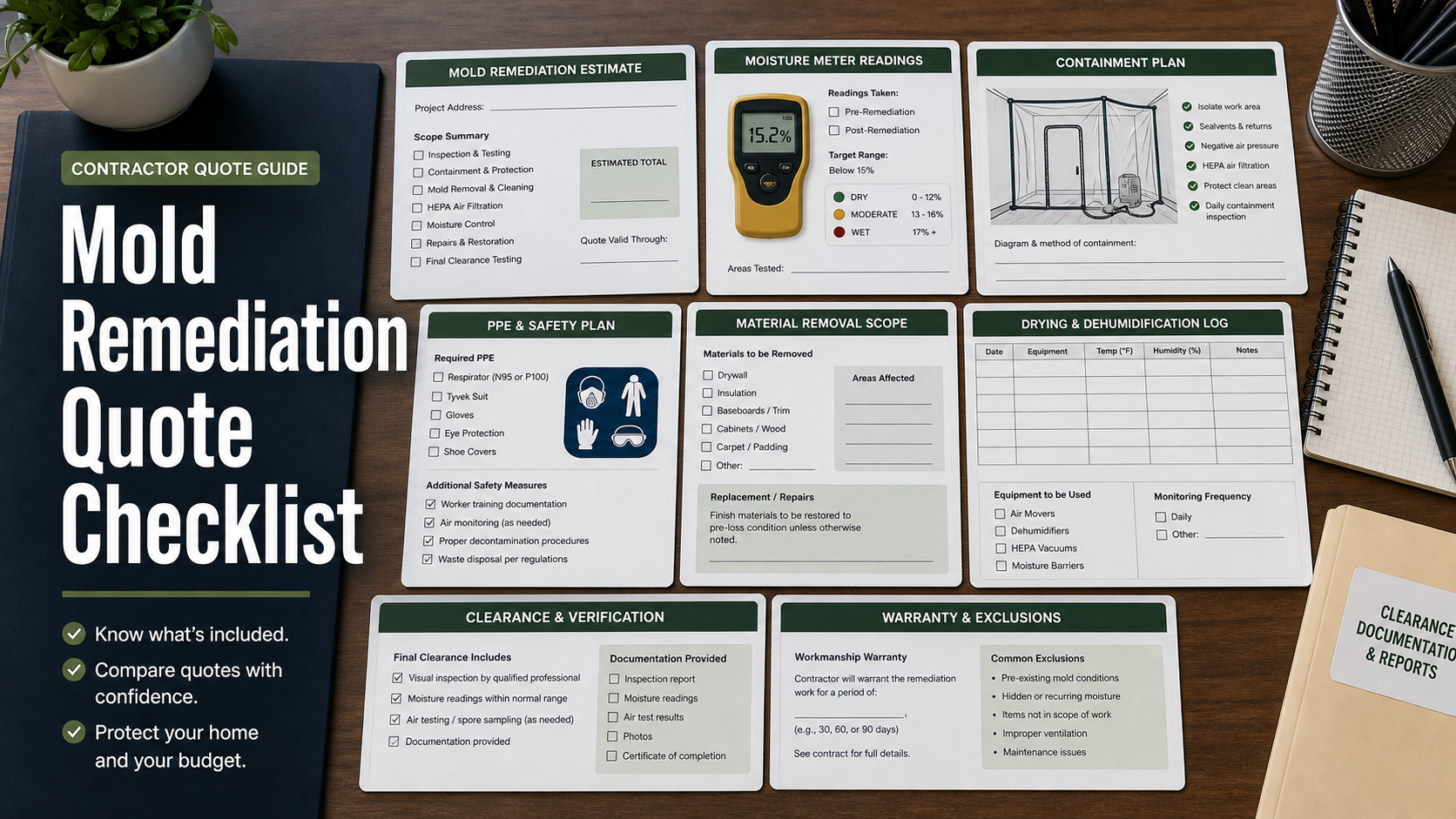 Mold remediation quote checklist with moisture meter card, containment sketch, PPE list, drywall removal scope, drying log, clearance folder, and warranty note