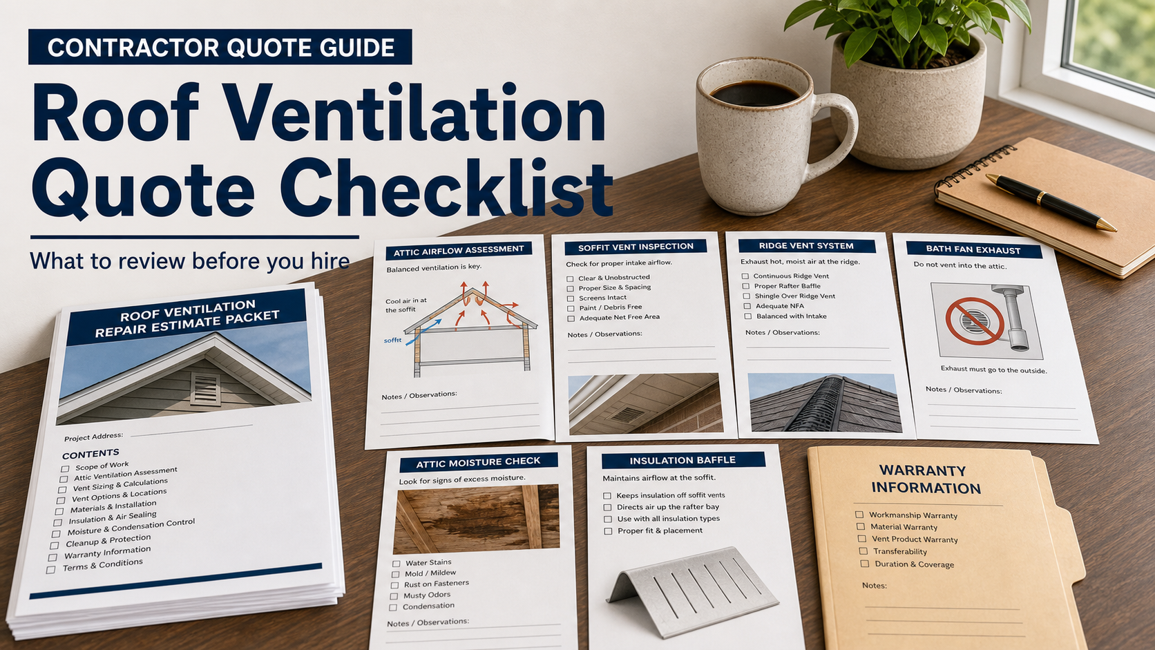 Roof ventilation repair quote checklist with attic airflow sketch, soffit vent inspection card, ridge vent note, bathroom fan exhaust warning, moisture stain photo, insulation baffle sample, and warranty folder