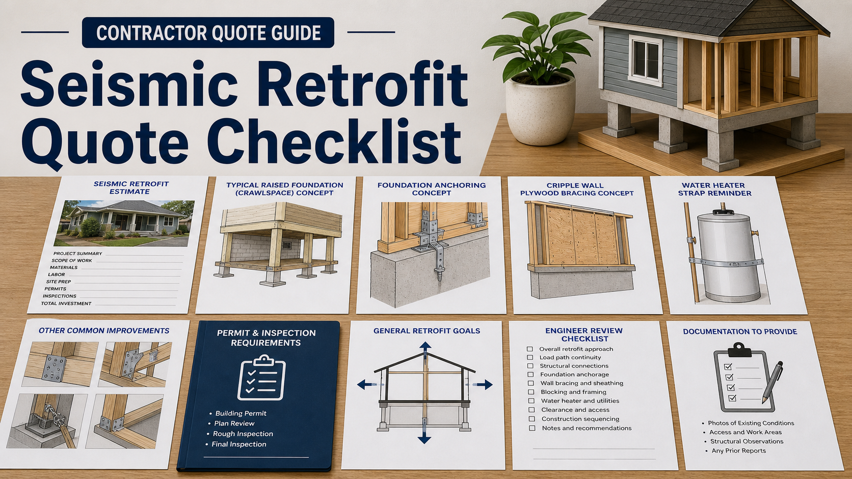 Seismic retrofit quote checklist with raised foundation sketch, foundation anchoring concept, cripple wall bracing concept, water heater strap reminder, permit folder, and engineer review checklist