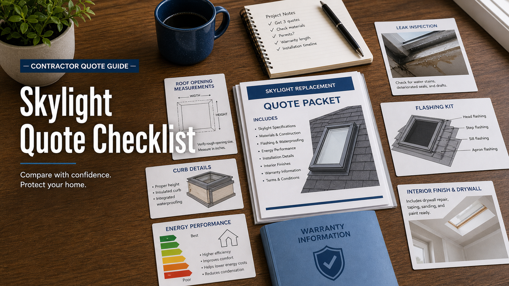 Skylight replacement quote checklist with roof opening measurement sketch, flashing kit diagram, curb detail card, generic energy performance sheet, leak inspection photo, drywall repair note, and warranty folder
