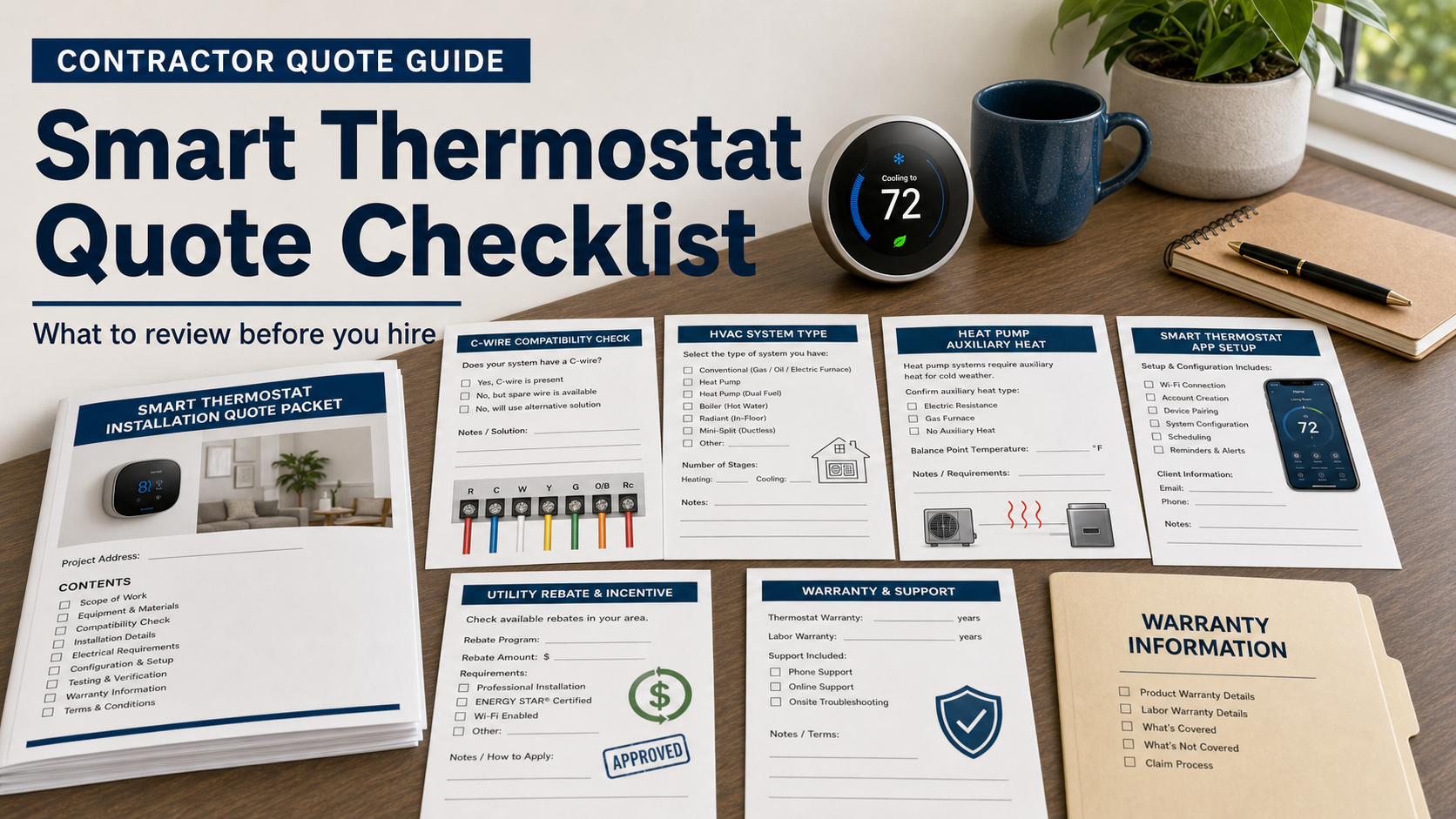 Smart thermostat installation quote checklist with C-wire compatibility card, HVAC checklist, heat pump auxiliary heat note, app setup worksheet, utility rebate form, and warranty folder