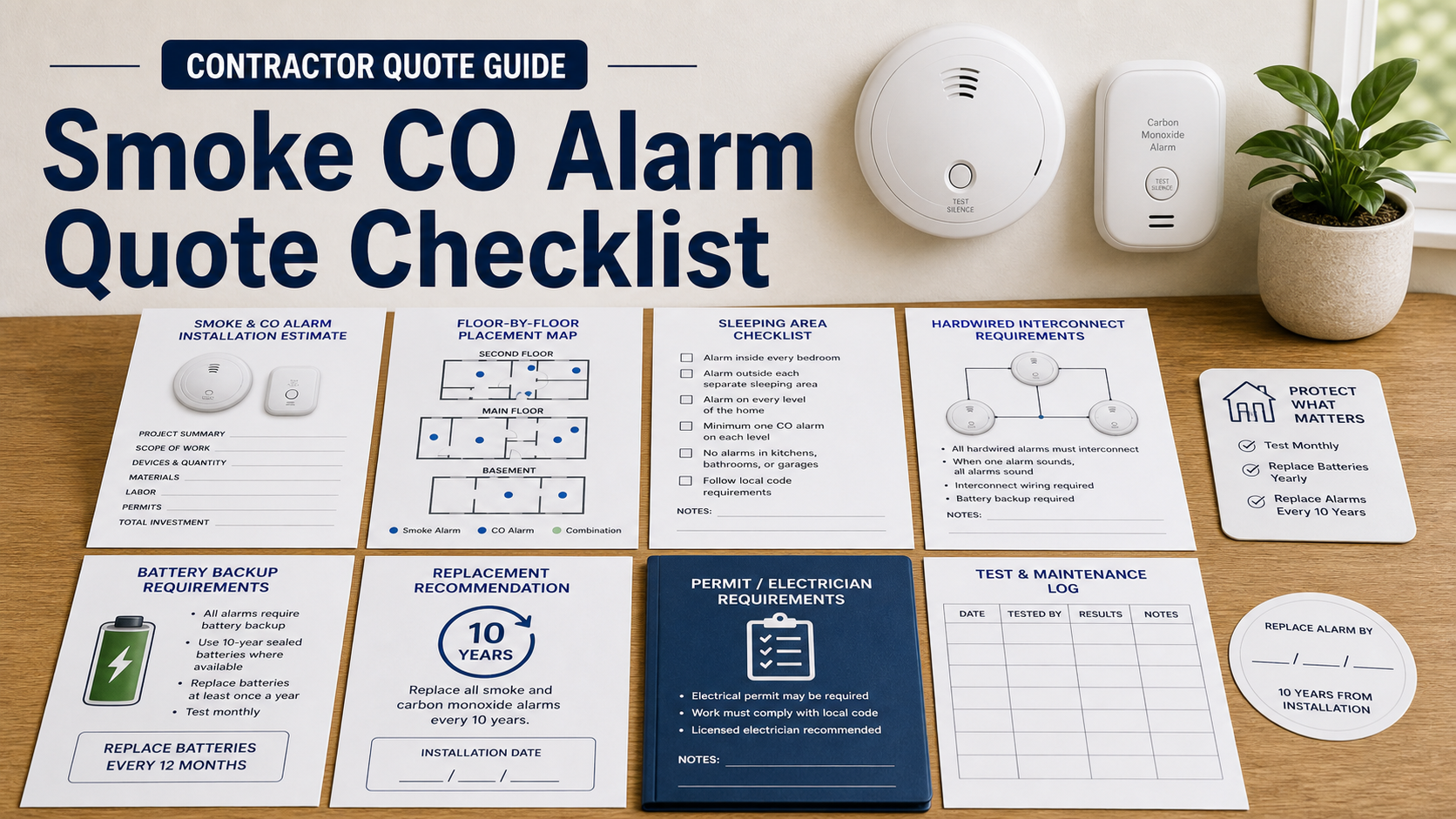 Smoke and carbon monoxide alarm installation quote checklist with floor placement map, sleeping area checklist, hardwired interconnect note, battery backup card, replacement date label, permit folder, and test log