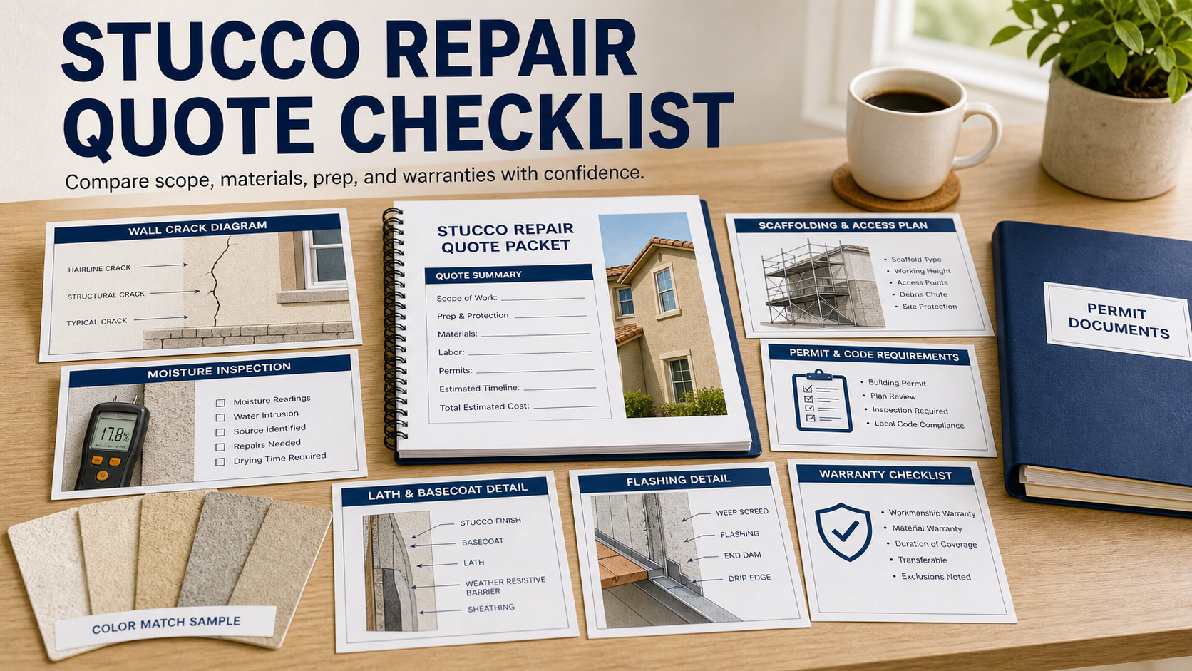 Stucco repair quote checklist with crack diagram, moisture notes, lath and flashing cards, color match sample, scaffolding plan, permit folder, and warranty checklist