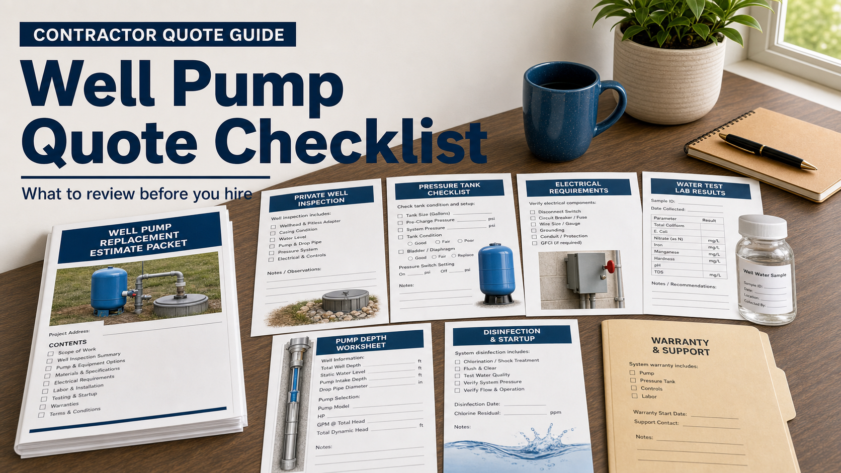 Well pump replacement quote checklist with private well inspection note, pressure tank checklist, electrical disconnect card, water test bottle label, pump depth worksheet, disinfection note, and warranty folder