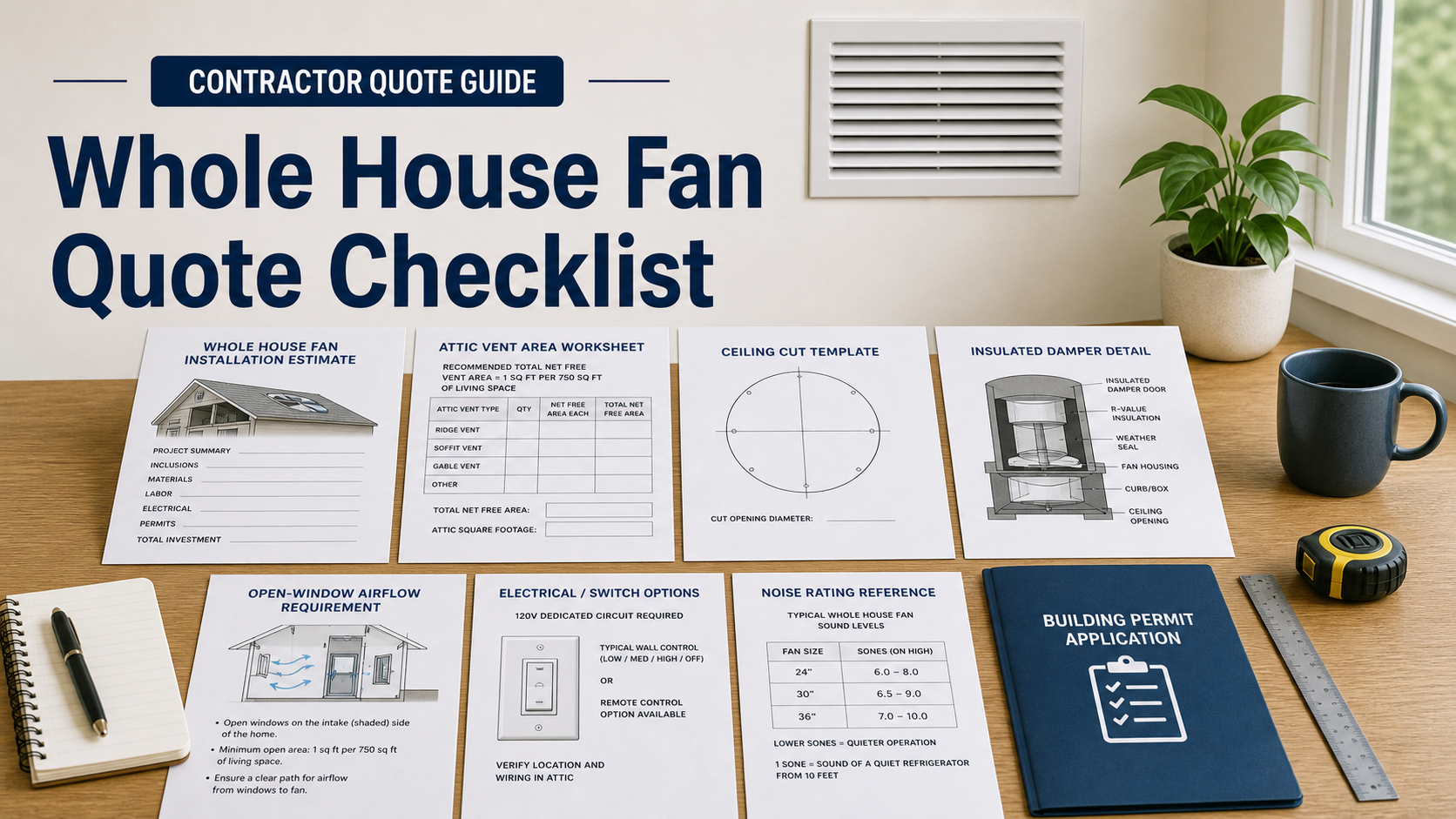 Whole house fan quote checklist with attic vent worksheet, ceiling cut template, insulated damper, open-window airflow sketch, electrical control note, noise rating card, and permit folder