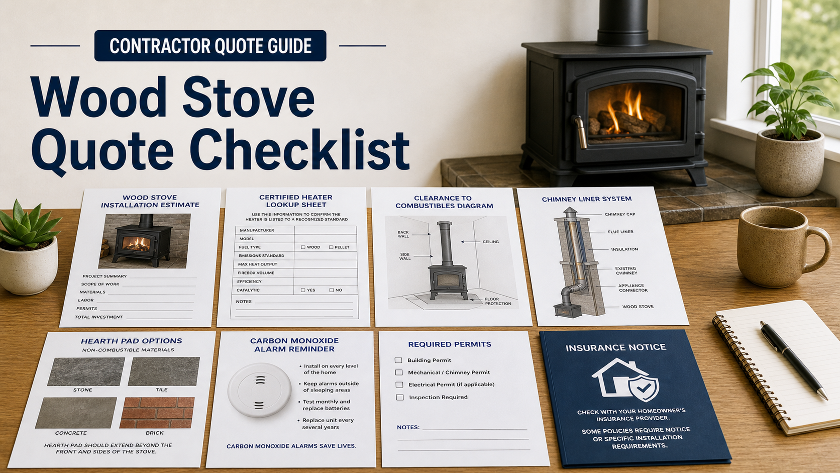 Wood stove installation quote checklist with certified heater lookup sheet, clearance diagram, chimney liner sketch, hearth pad samples, carbon monoxide alarm card, permit folder, and insurance notice