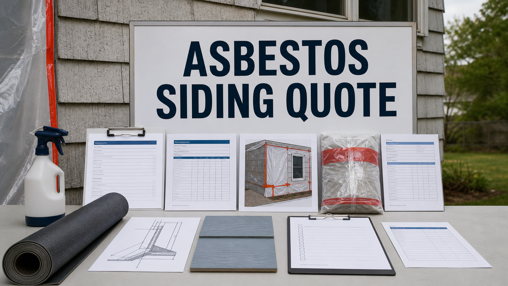 Asbestos-cement siding removal quote with inspection report, wet removal plan, barriers, sealed waste, manifest, weather protection, replacement siding, and clearance records