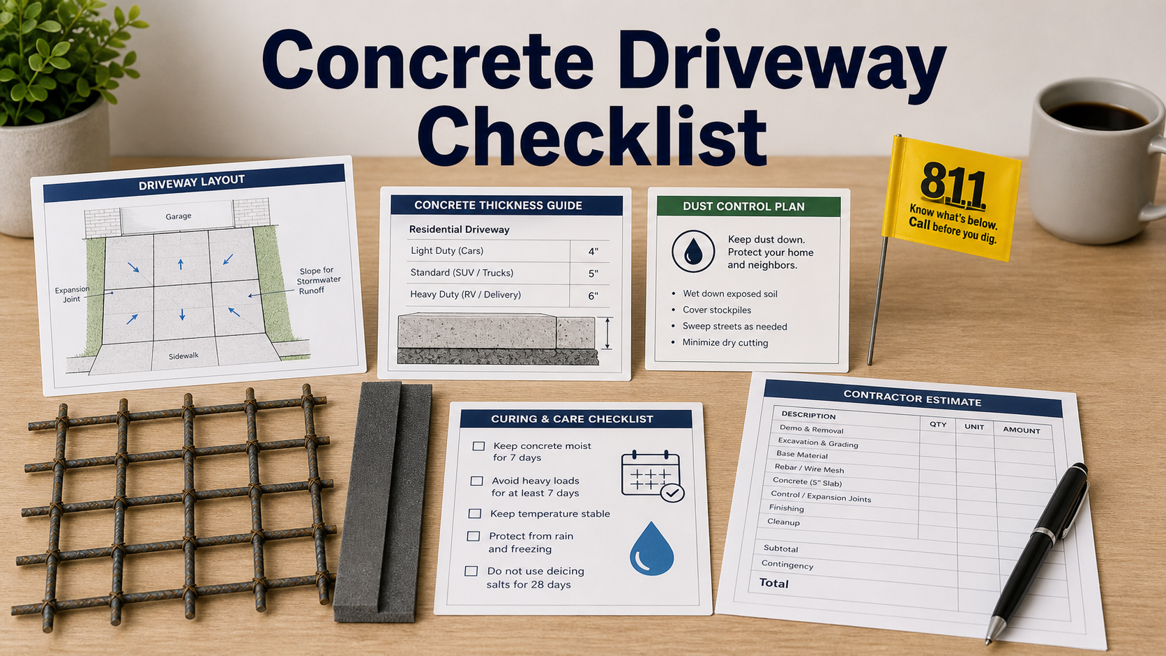 Concrete driveway replacement quote checklist with slab layout, reinforcement sample, expansion joint, runoff arrows, and curing checklist