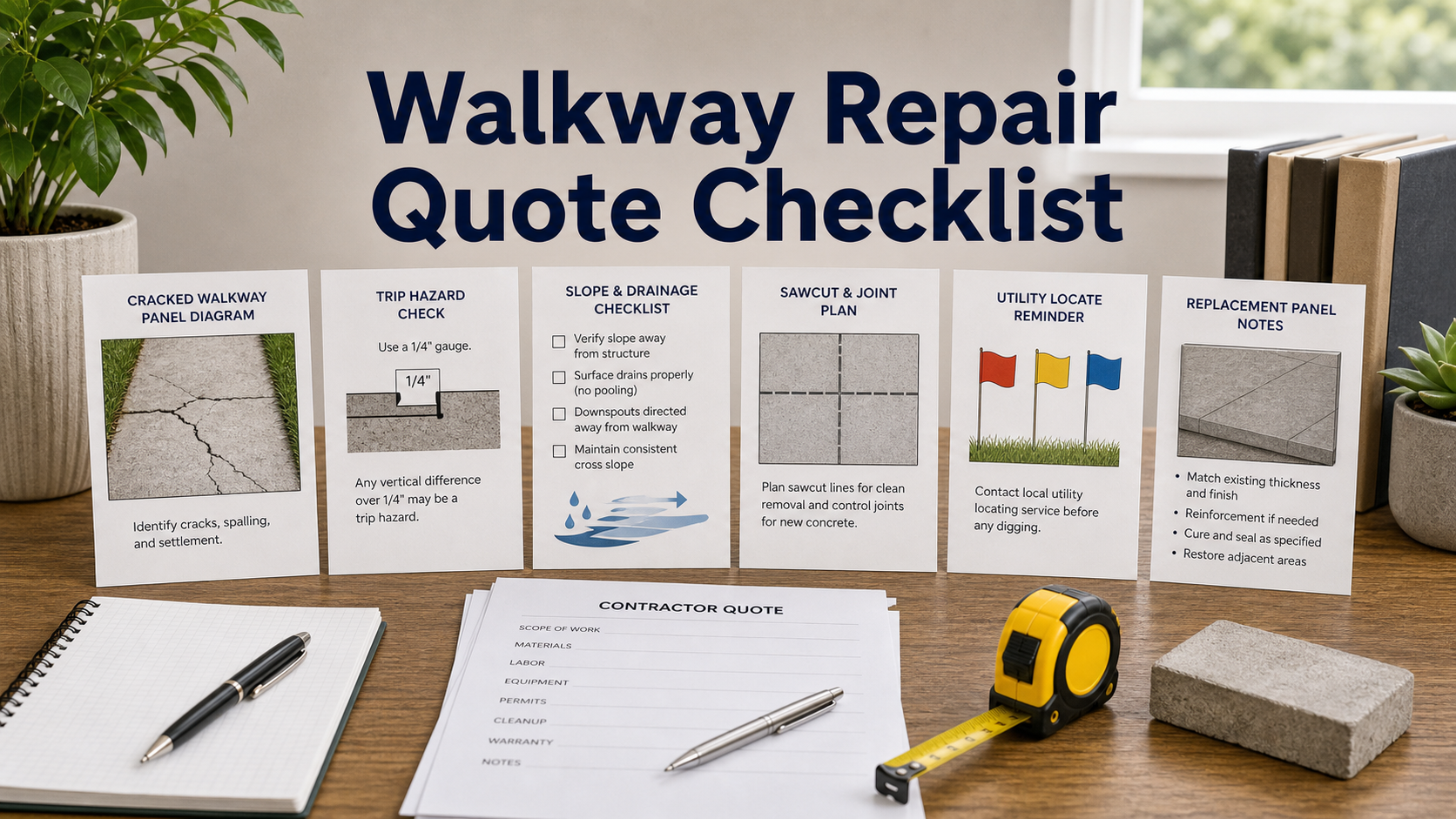 Concrete walkway repair quote checklist with trip hazard gauge, cracked slab diagram, drainage, sawcut, and joint notes