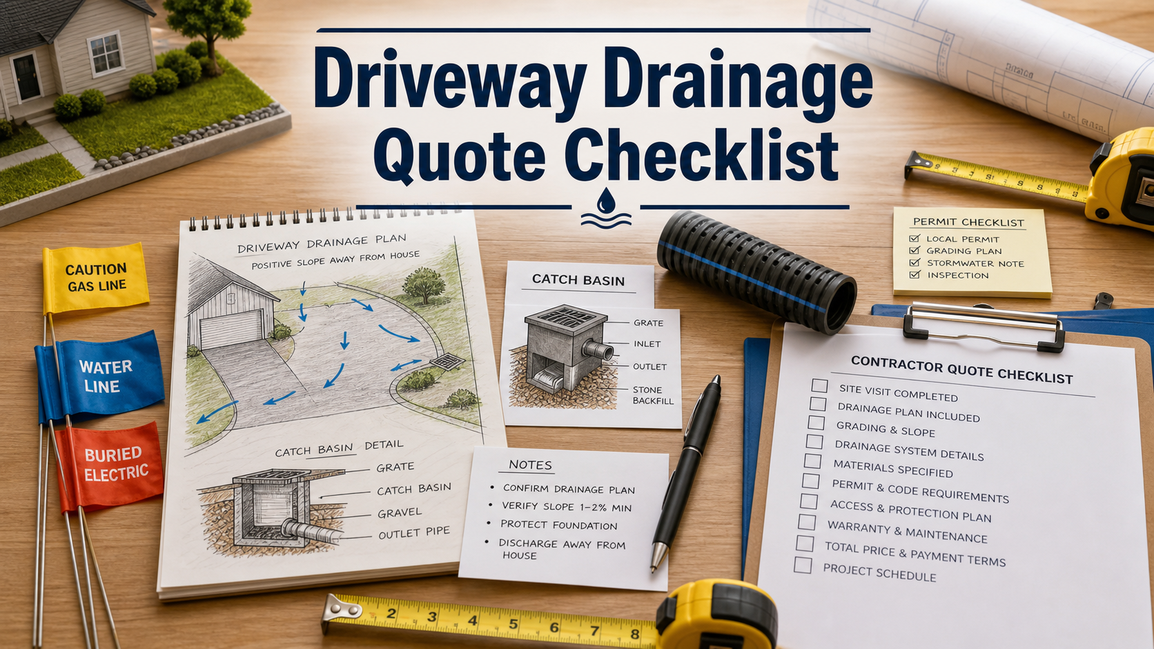 Driveway drainage repair quote checklist with grading sketch, stormwater flow arrows, drain pipe sample, and utility flags