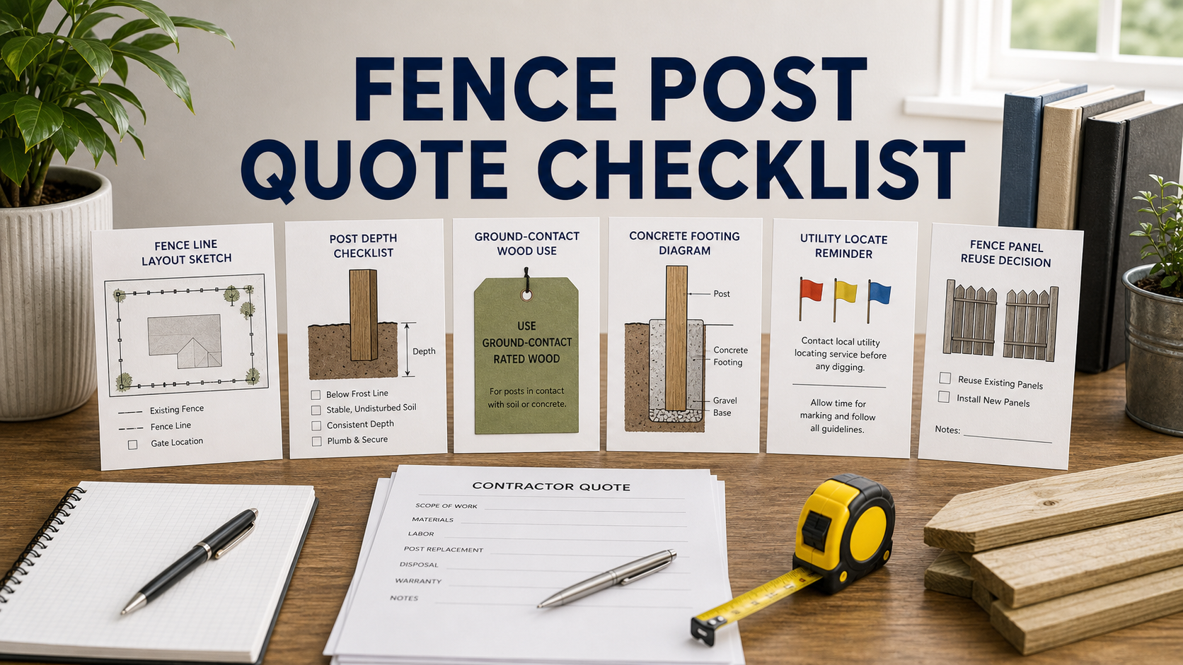 Fence post replacement quote checklist with post depth, footing, ground-contact material, utility locate, and panel reuse notes