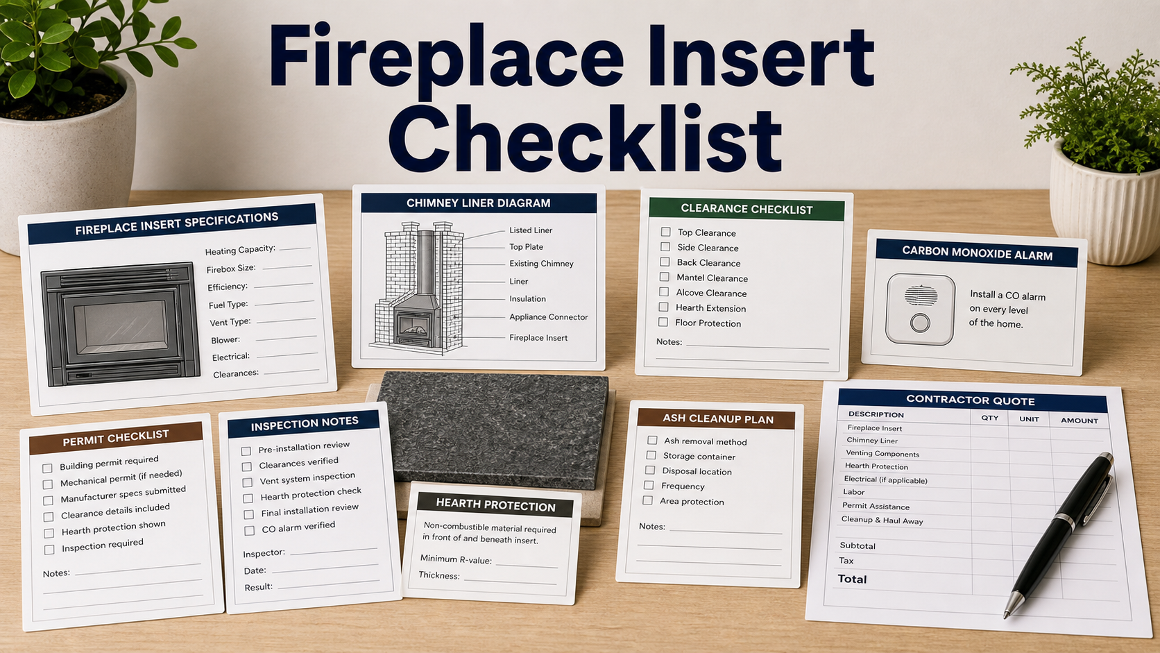 Fireplace insert installation quote checklist with chimney liner sketch, clearance checklist, CO alarm card, permit form, and inspection note
