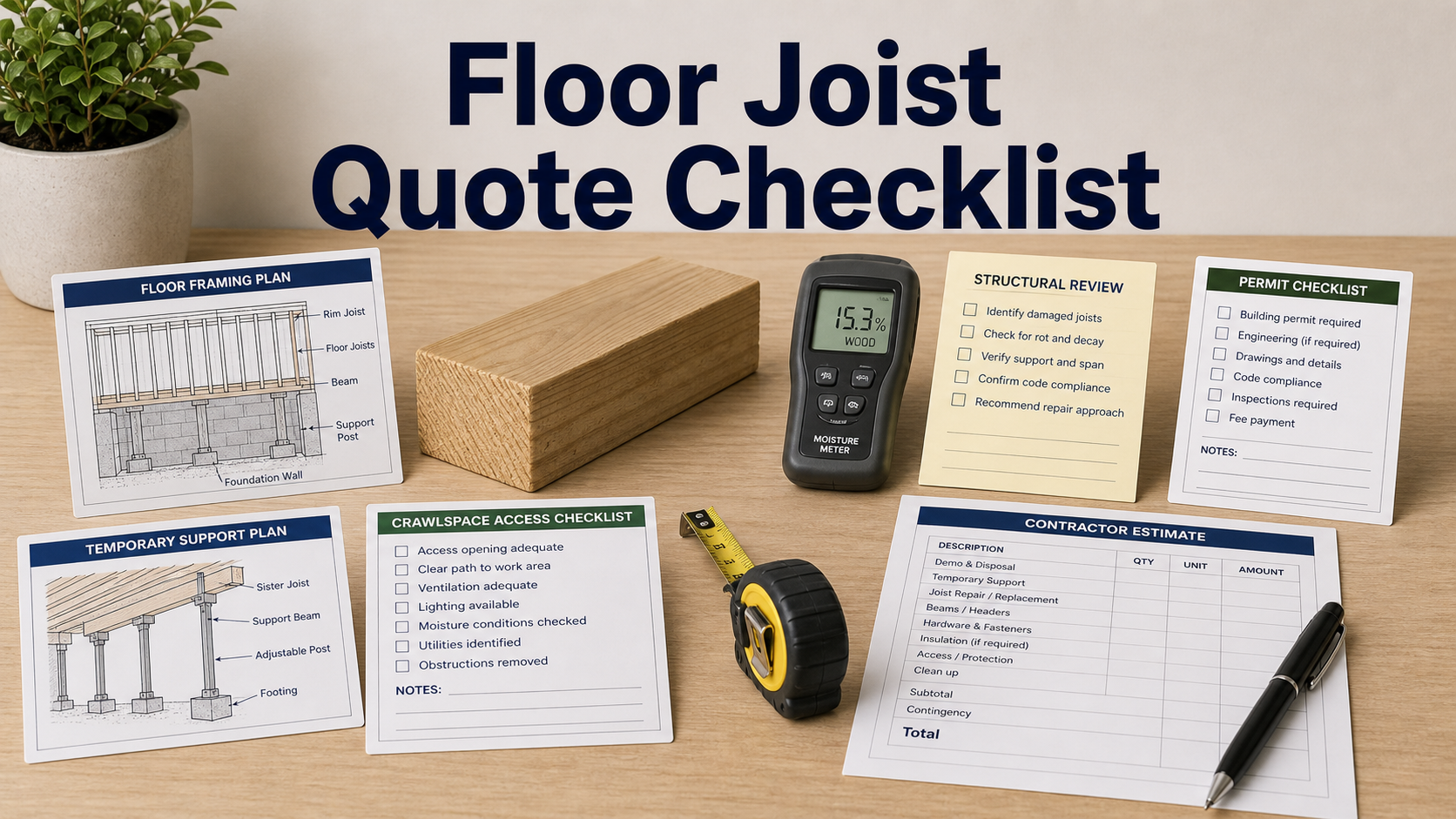 Floor joist repair quote checklist with framing sketch, joist sample, moisture meter, permit form, and temporary support diagram