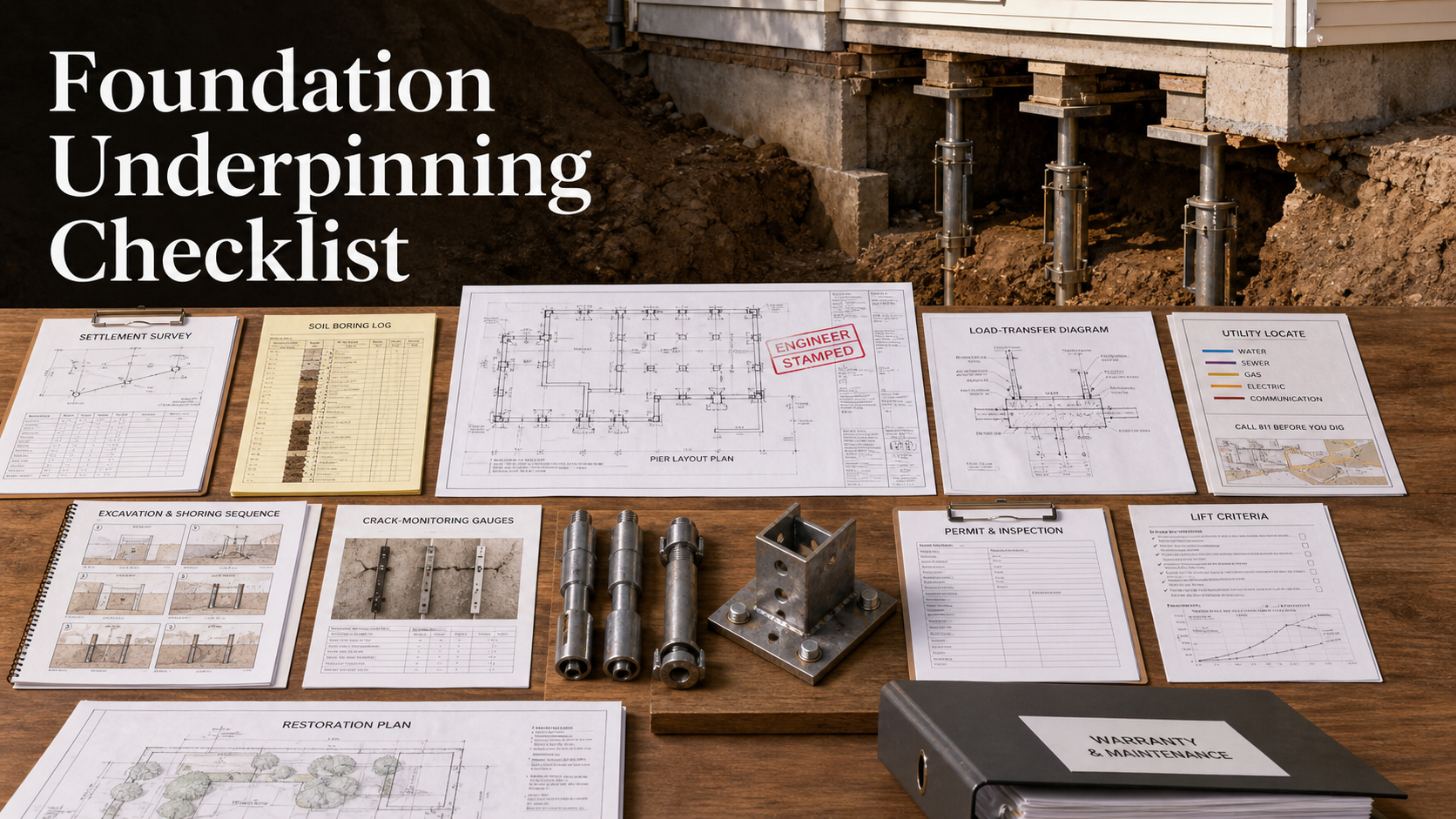 Foundation underpinning quote checklist with settlement survey, soil log, engineered pier layout, shoring sequence, monitoring, inspections, restoration, and warranty