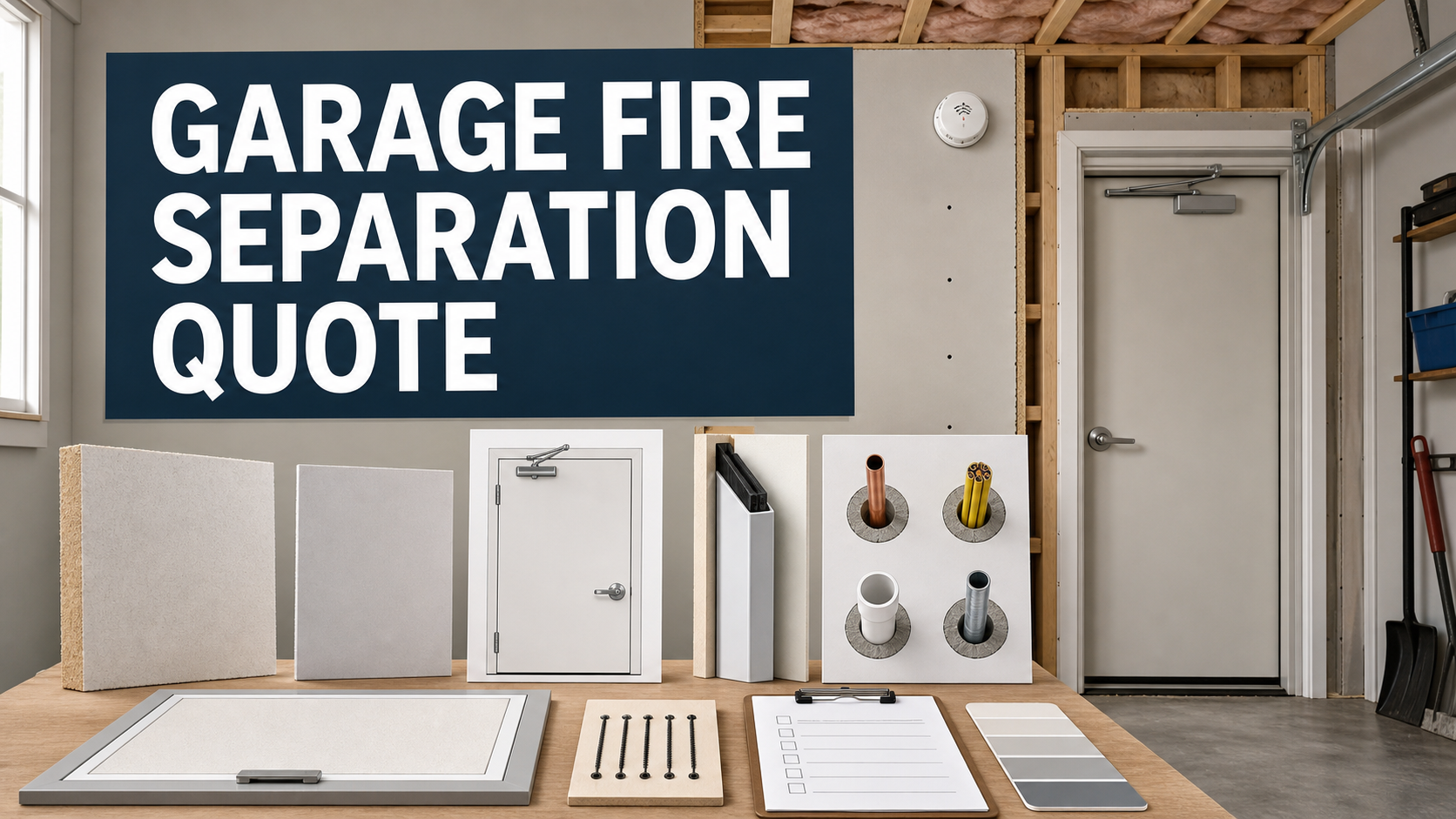 Garage fire separation quote with gypsum, self-closing door, protected attic hatch, sealed penetrations, heat alarm, permit, inspection, and finish checklist