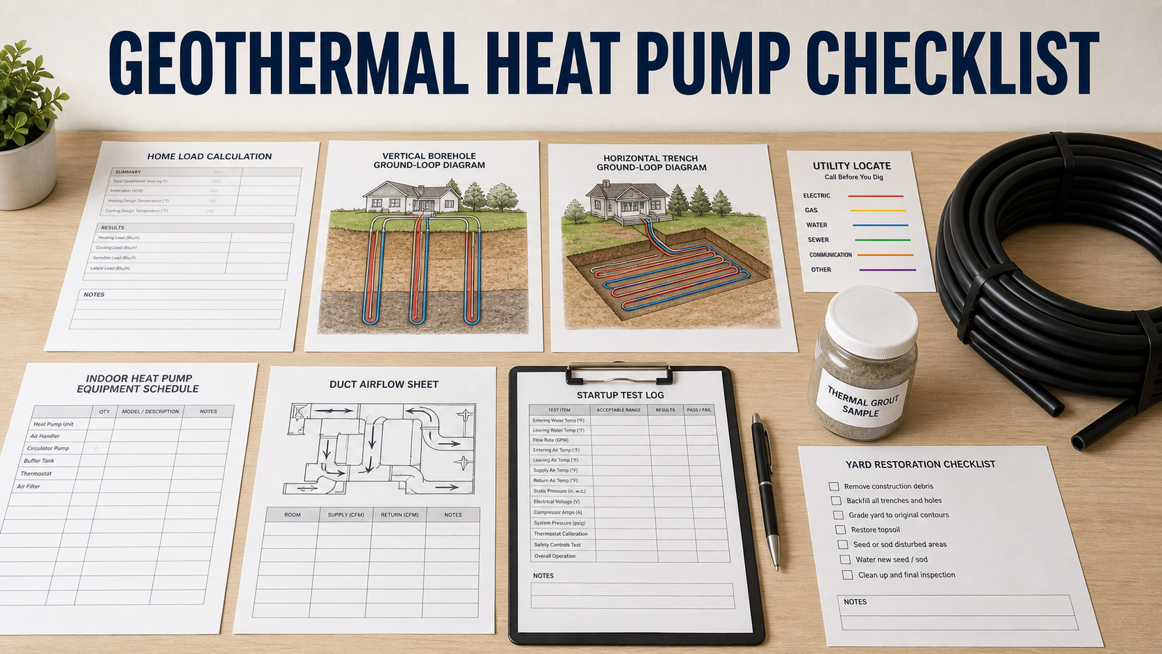 Geothermal heat pump quote checklist with load calculation, ground-loop layouts, drilling plan, pipe sample, indoor unit schedule, startup log, and restoration notes