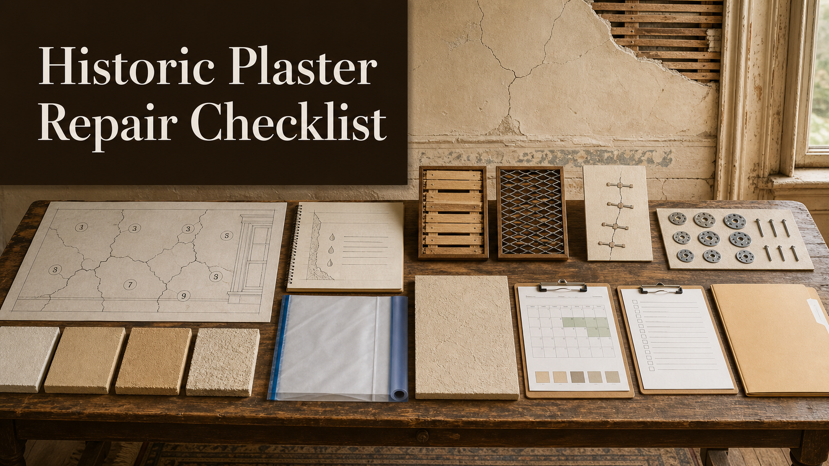 Historic plaster repair quote checklist with crack map, lath and plaster keys, stabilization, compatible coats, lead-safe controls, texture sample, curing, paint, and warranty