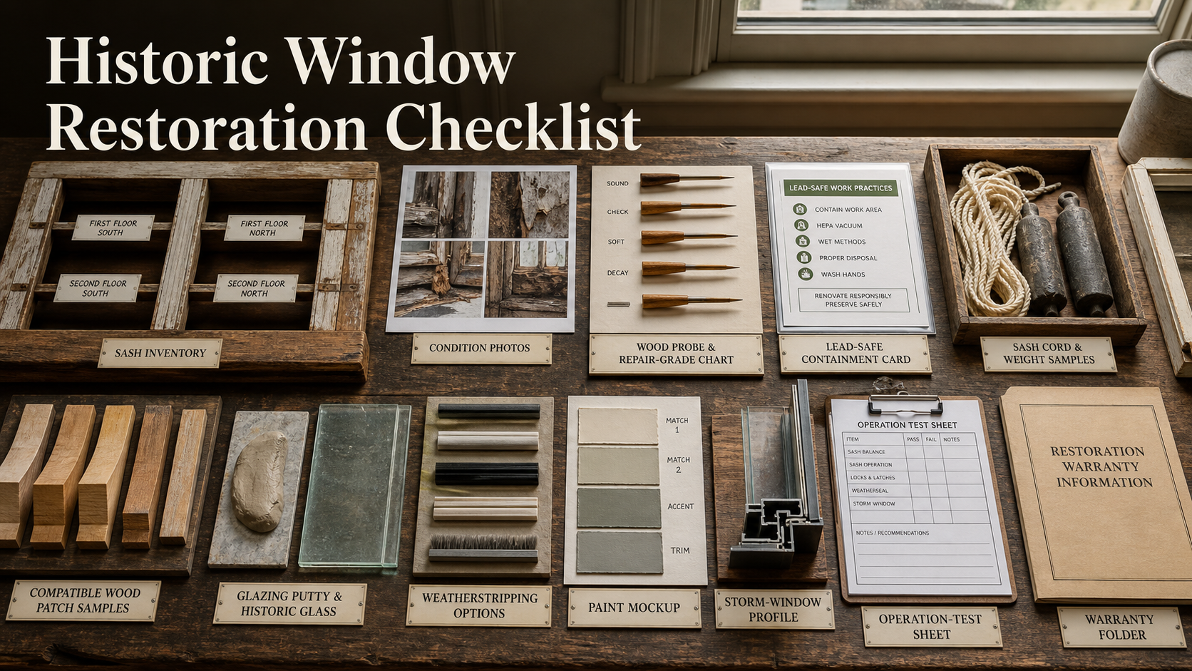 Historic wood window restoration quote checklist with sash inventory, condition grading, lead-safe controls, wood repairs, glazing, weatherstripping, paint, storm panel, and closeout