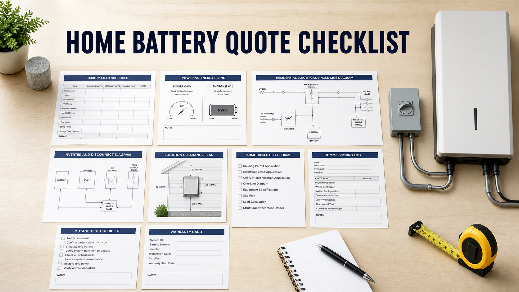 Home battery storage quote checklist with backup load schedule, sizing card, electrical diagram, location plan, permit forms, commissioning log, and warranty notes