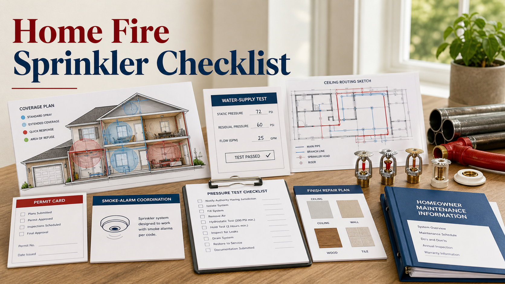 Home fire sprinkler retrofit quote checklist with coverage plan, water test, pipe samples, permit, pressure test, finish repair, and maintenance records