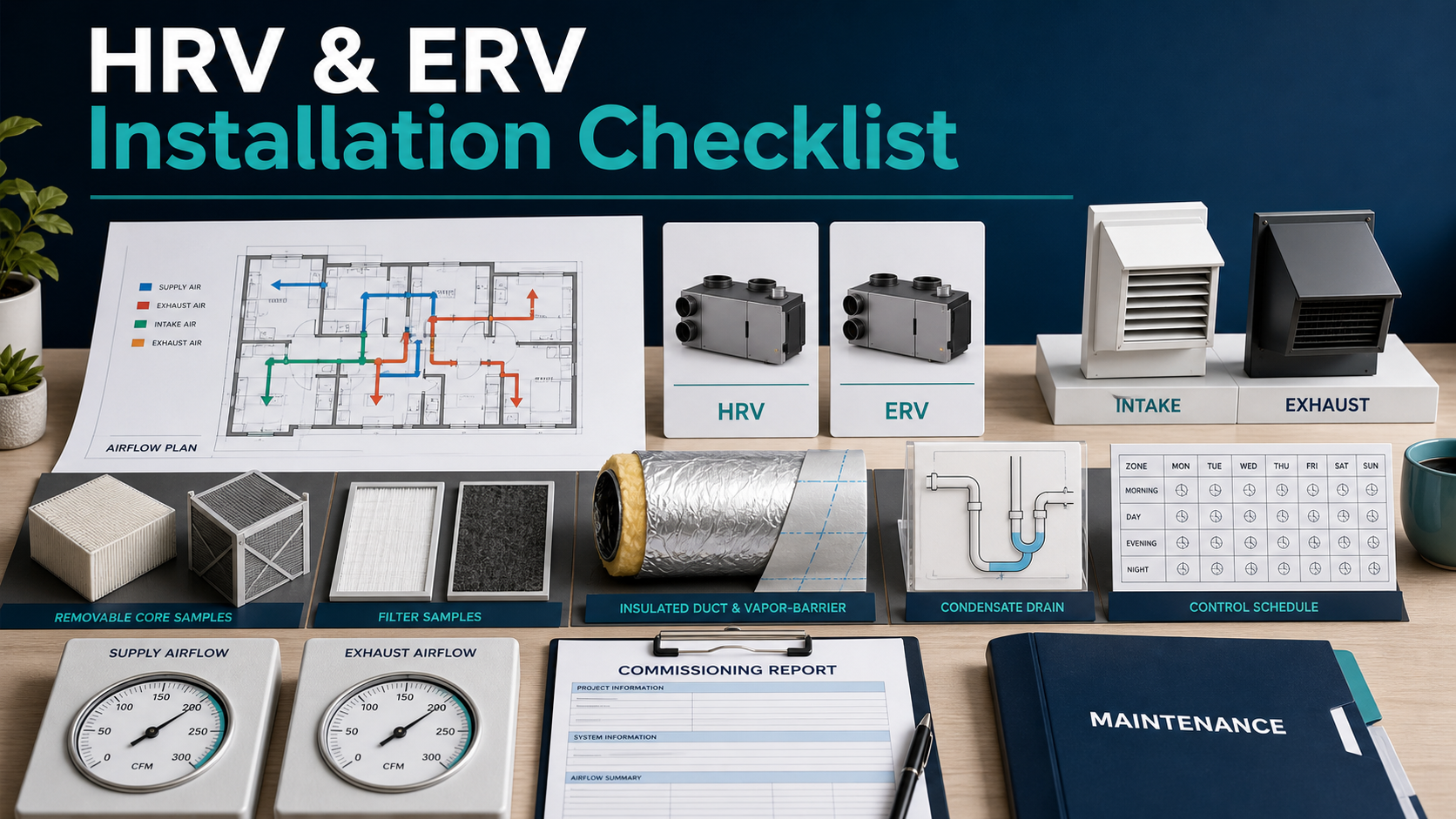 HRV and ERV installation quote checklist with airflow plan, equipment comparison, terminals, insulated ducts, condensate, controls, balancing, and maintenance