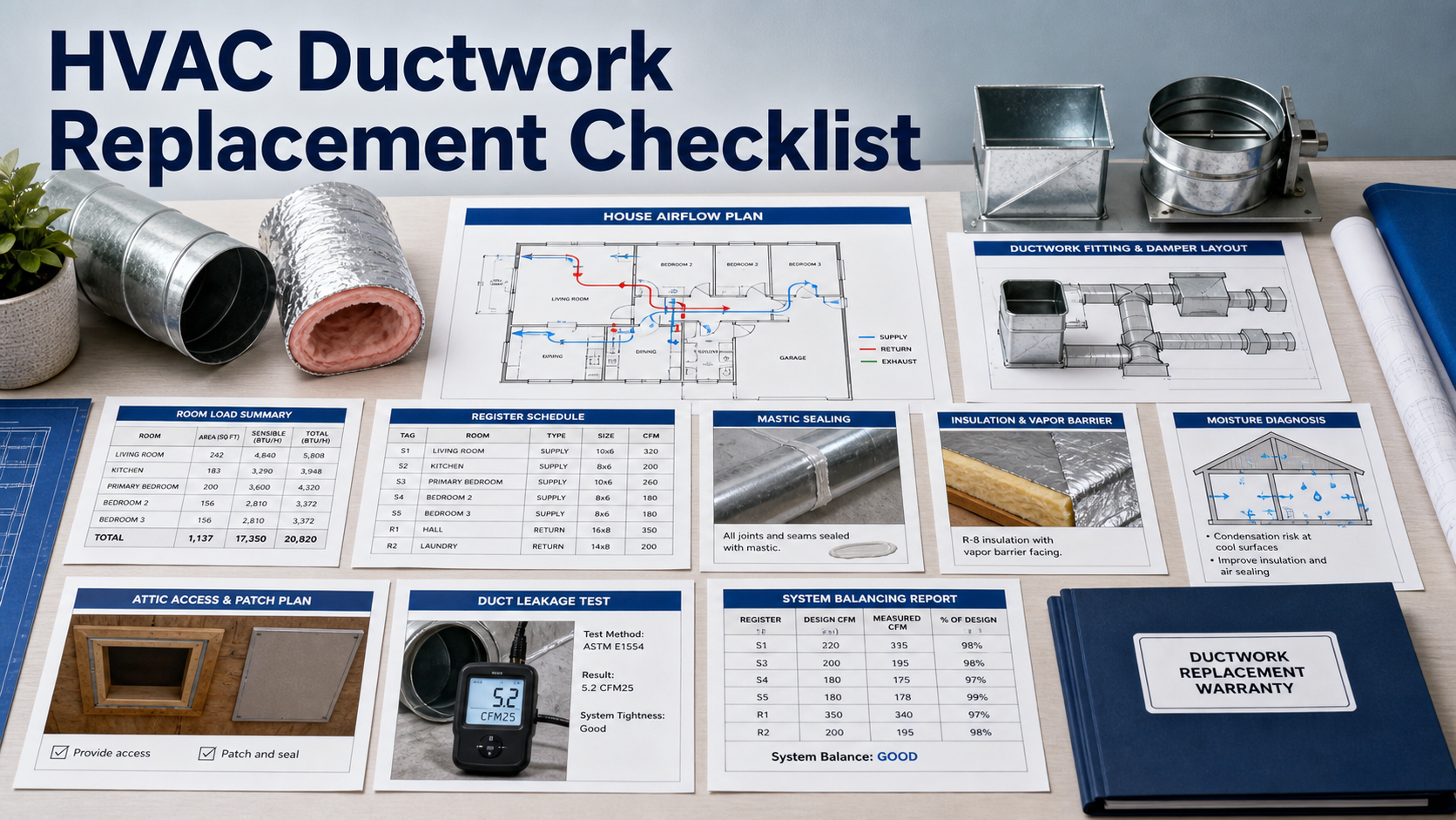 HVAC ductwork replacement quote checklist with airflow plan, duct samples, sealing, insulation, moisture control, access repairs, leakage test, and balance report