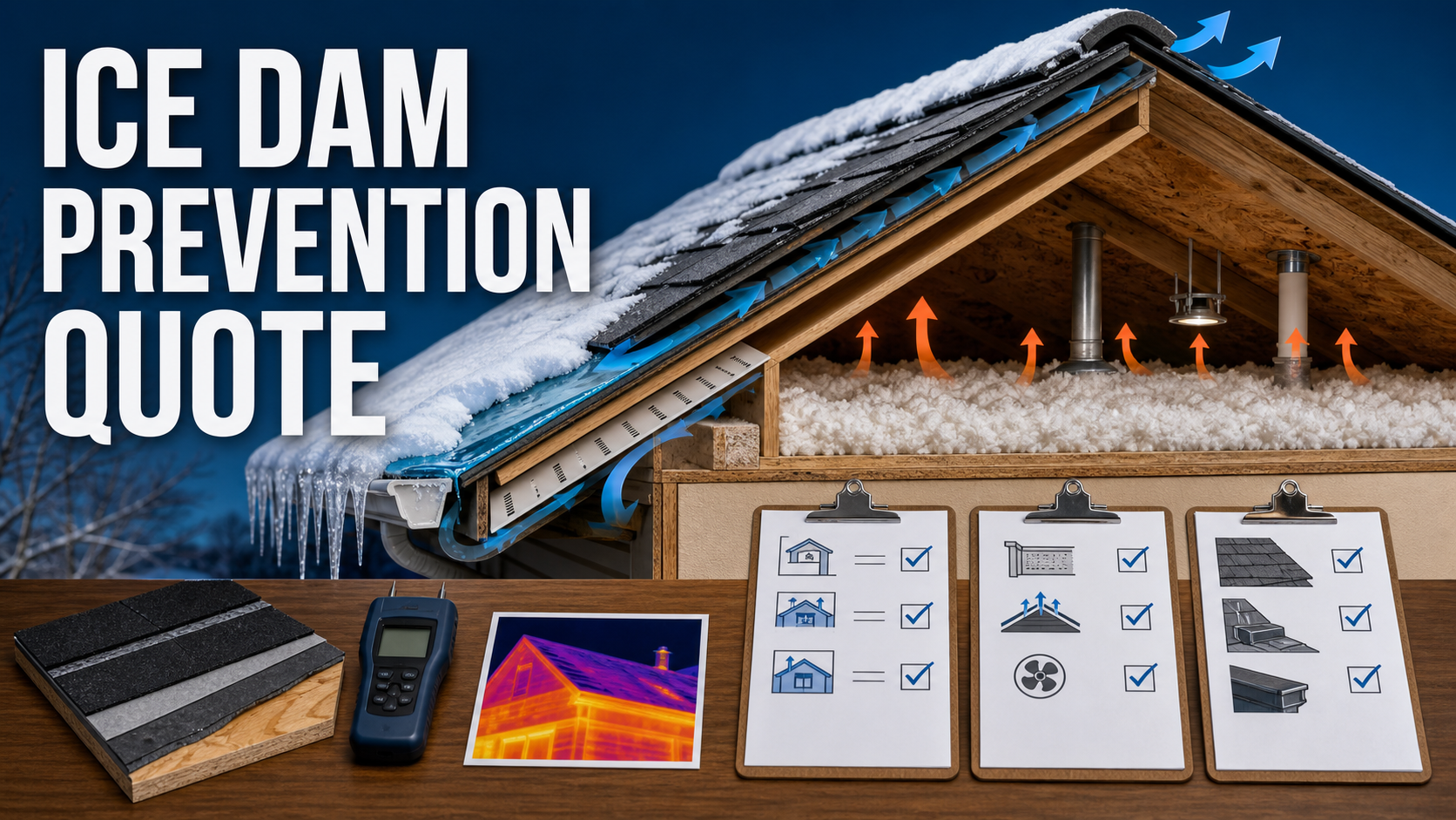 Ice dam prevention quote with attic air leaks, insulation, soffit baffles, roof ventilation, cold eave, membrane, moisture checks, and verification plan