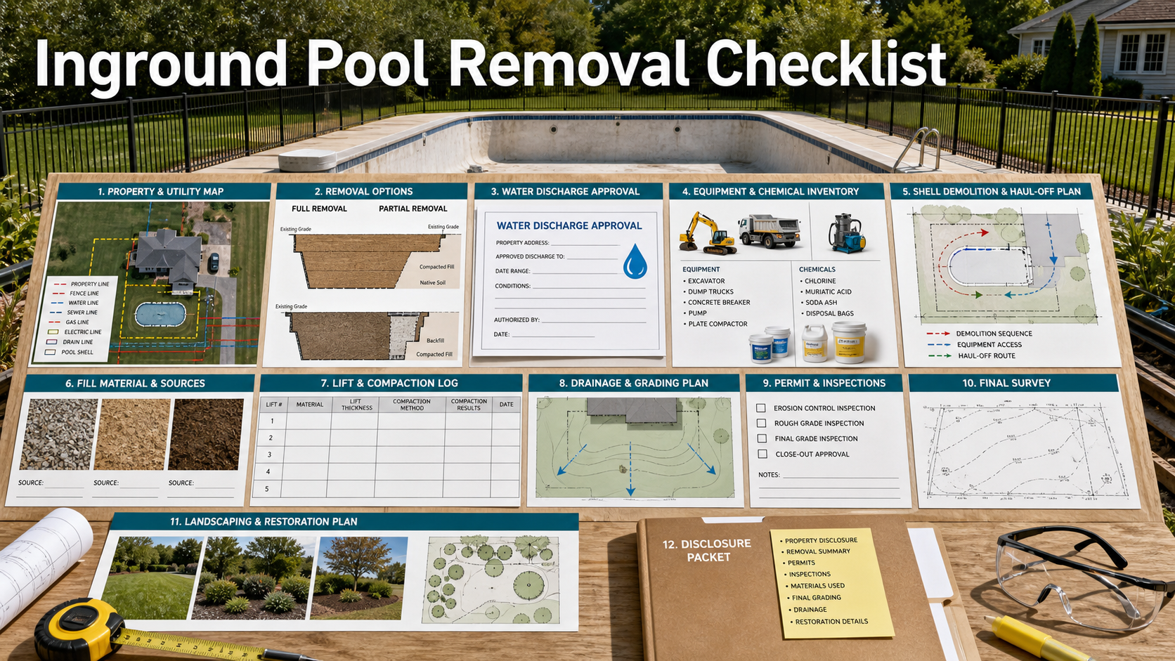 Inground pool removal quote checklist with permits, utilities, demolition options, water discharge, disposal, fill, compaction, drainage, grading, restoration, and records